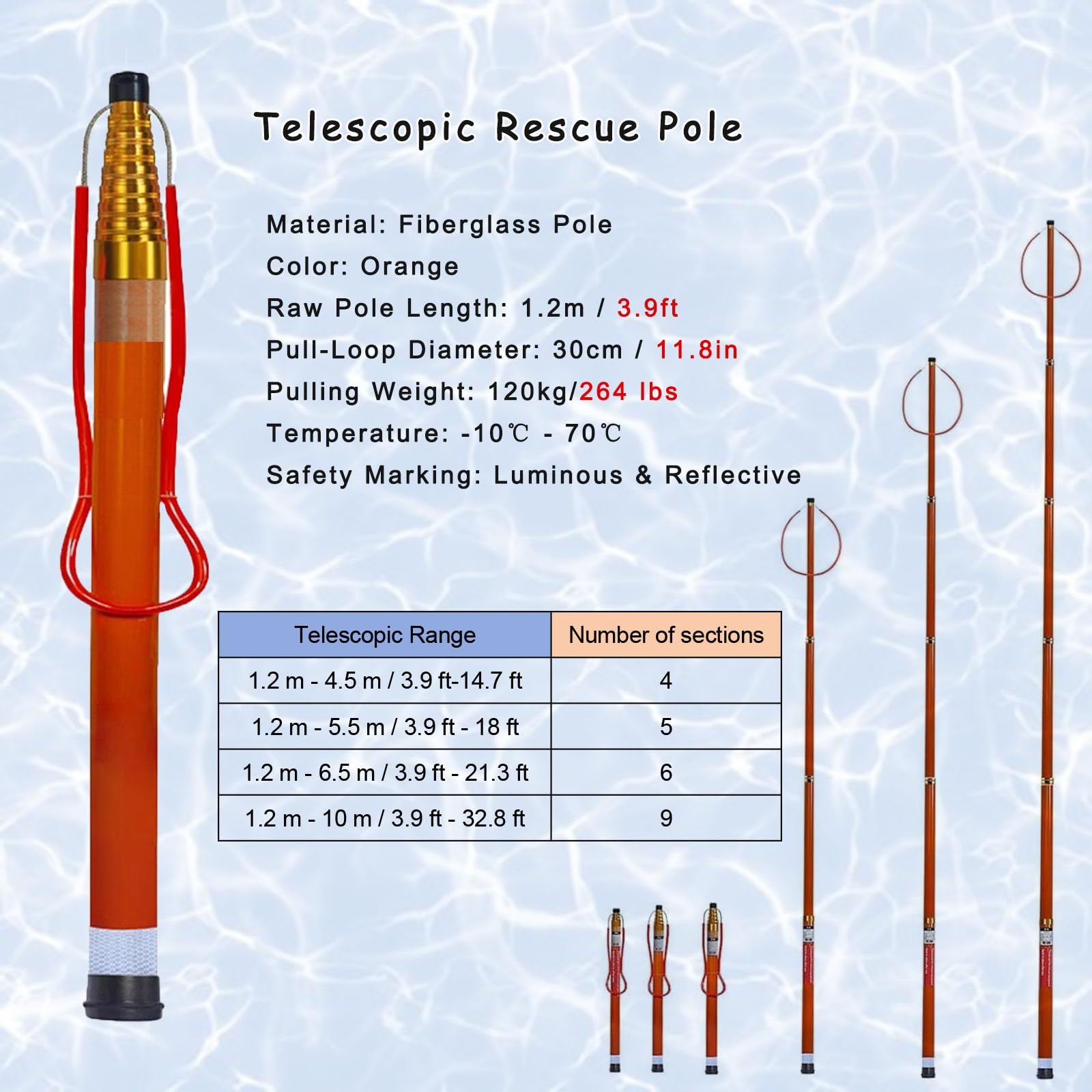 Pértiga de salvamento para piscinas Mástil Barra De Salvamento Ajustable Para Piscinas, Barra Salvavidas Acuática Con Mango Antideslizante, Barra Telescópica Portátil Con Banda Luminosa Y Reflectante