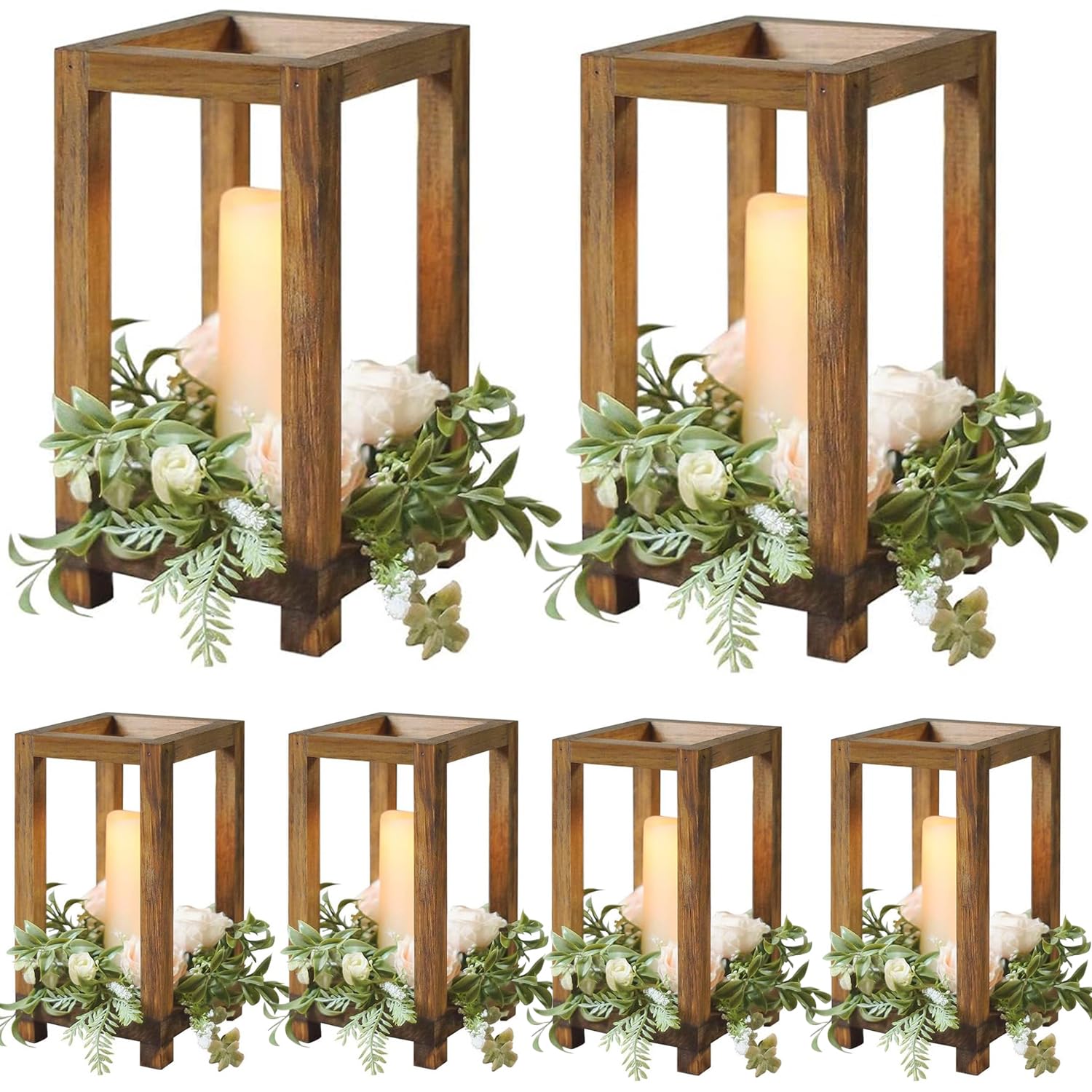 6 faroles de madera para bodas, portavelas para chimenea de mesa (sin velas ni flores), decoración rústica de granja para el hogar, Navidad, fiesta de boda (6 piezas)
