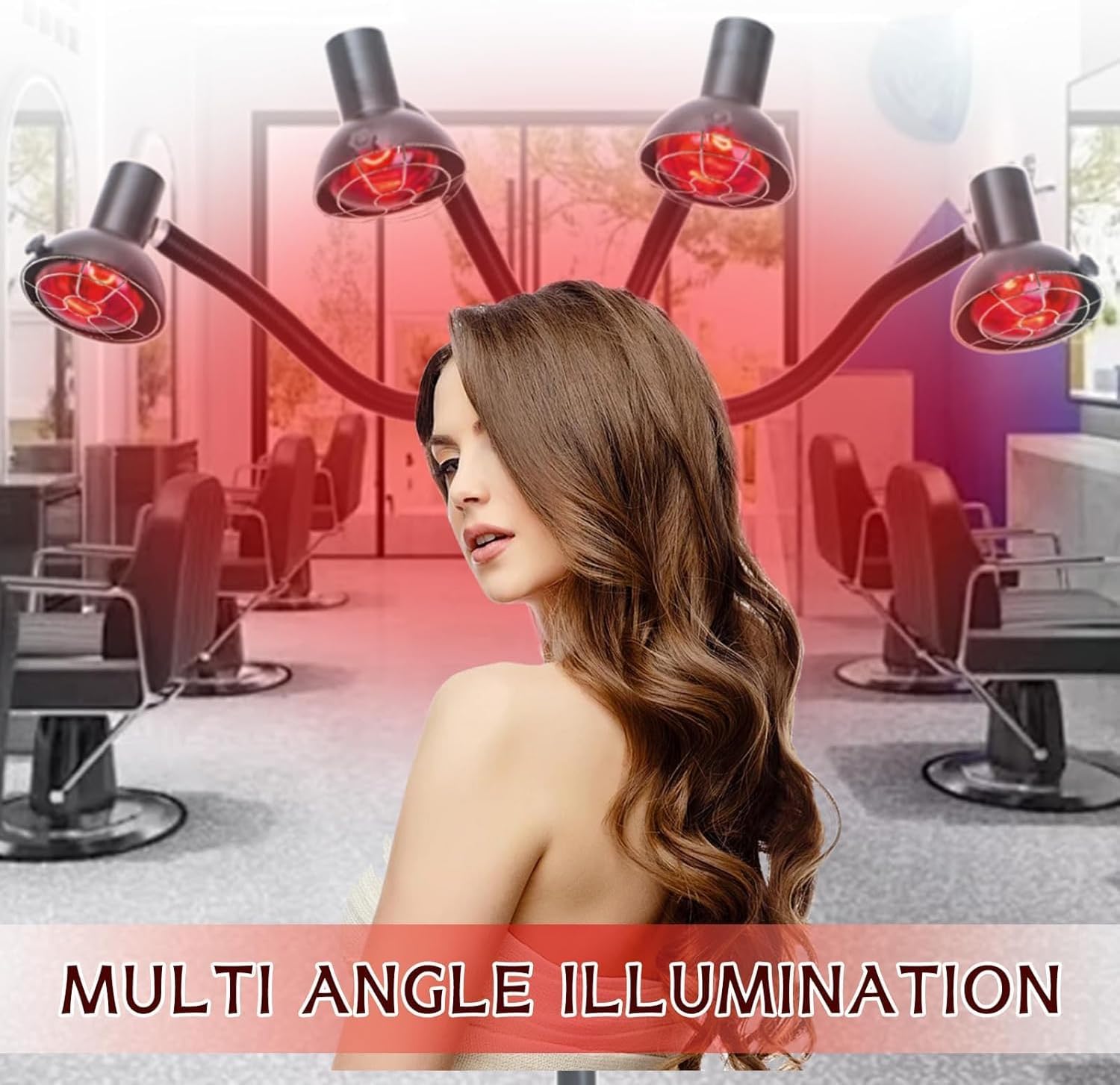 750W 5 Head Standing Hair Dryer Professional, Infrared Heat Lamp Salon Hair Dryer Adjustable Height Ideal for All Hair Styling Needs, Complete with Chrome Arms and Metal Lampshade