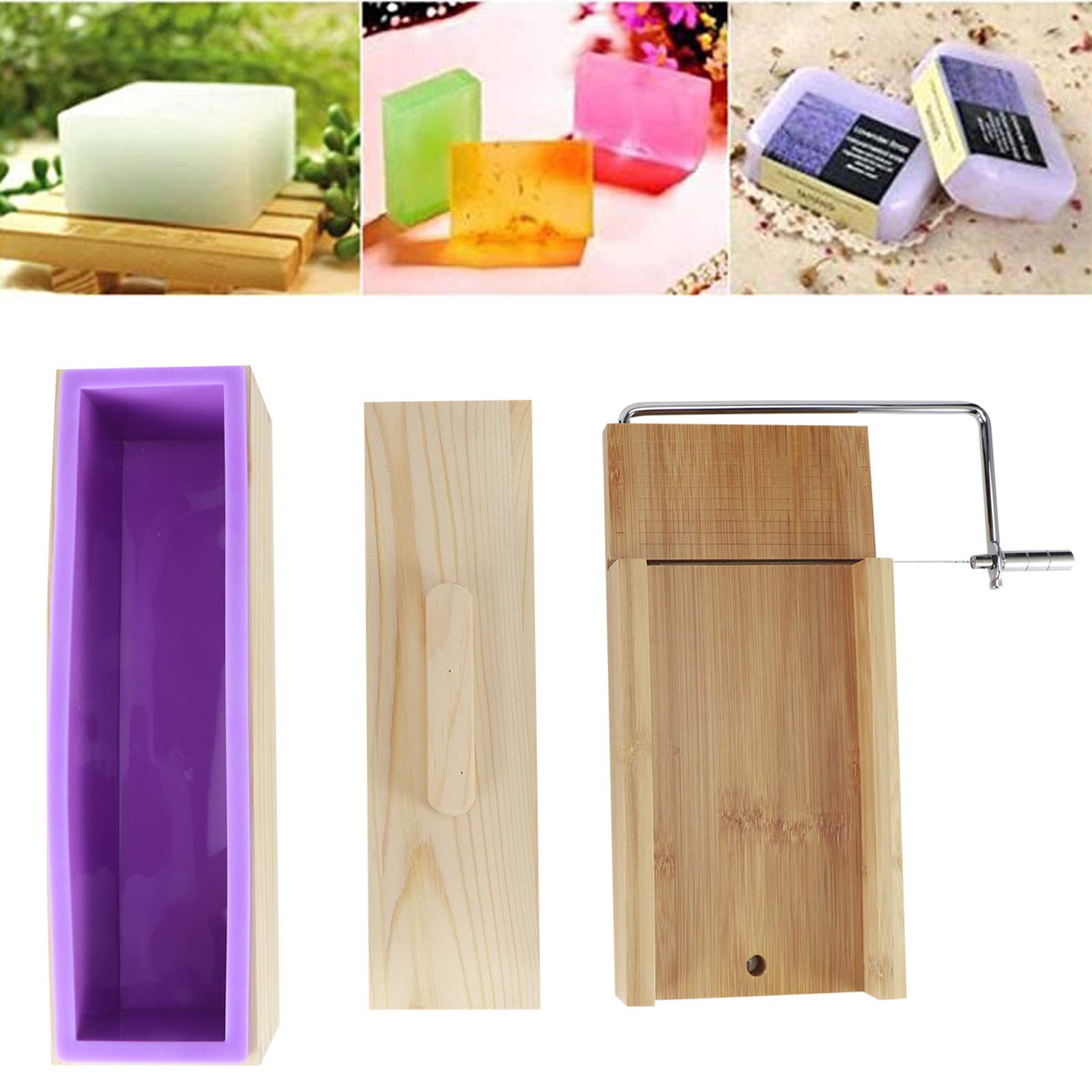 Garosa Molde de, Molde Cortador de de bambú con Máquina Cortadora de Alambre, Rebanador de Pan Hecho a Mano Ajustable para Hacer DIY, Vela, Pastel, Pan, Pizza, Uso, Púrpura (Set 1 (plato llano de
