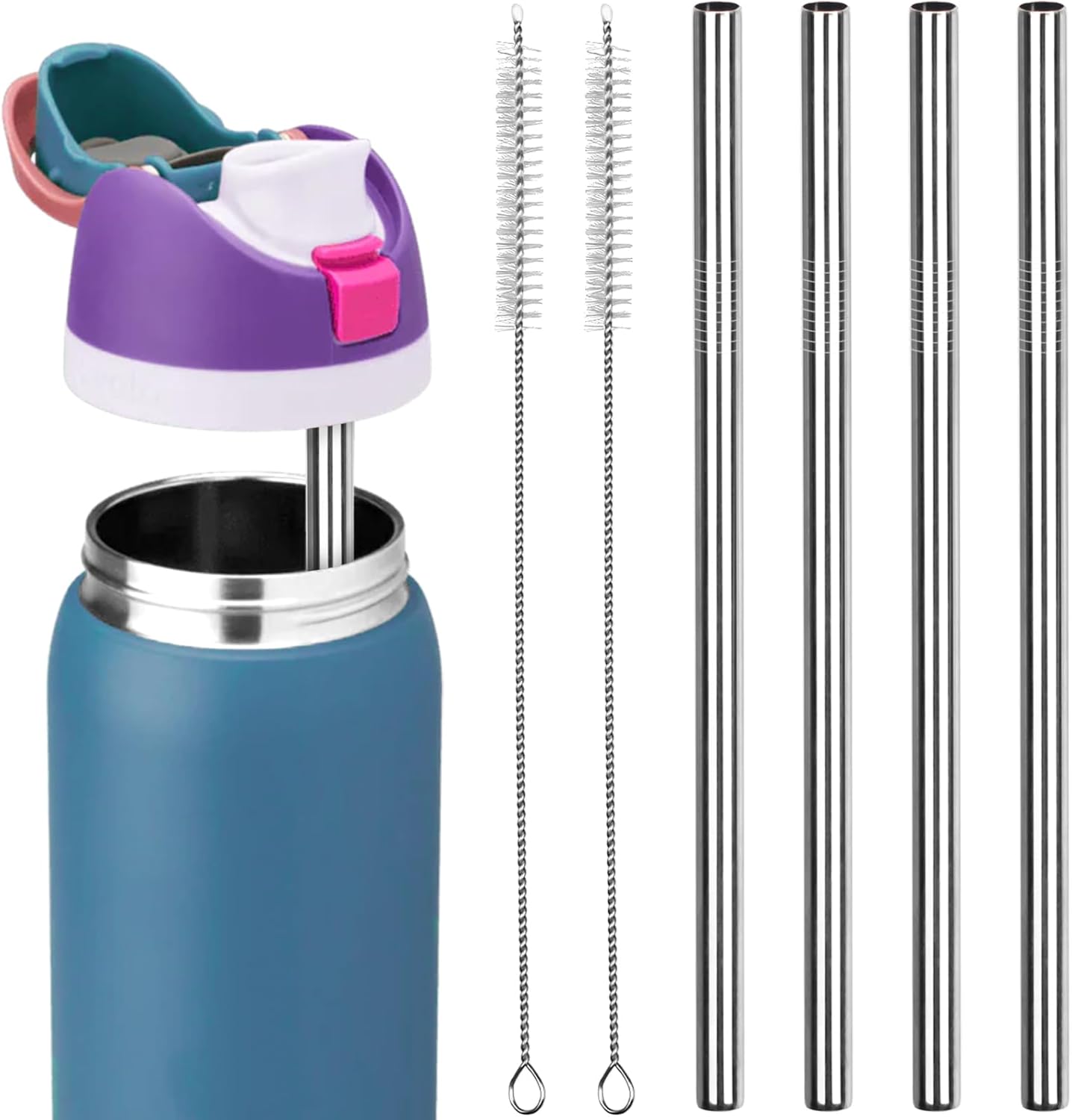 4 PCS Metal Replacement Straws for Owala Water Bottle 40 oz, With 2 Cleaning Brush, Reusable Stainless Steel Straws Compatible With Owala Water Bottle