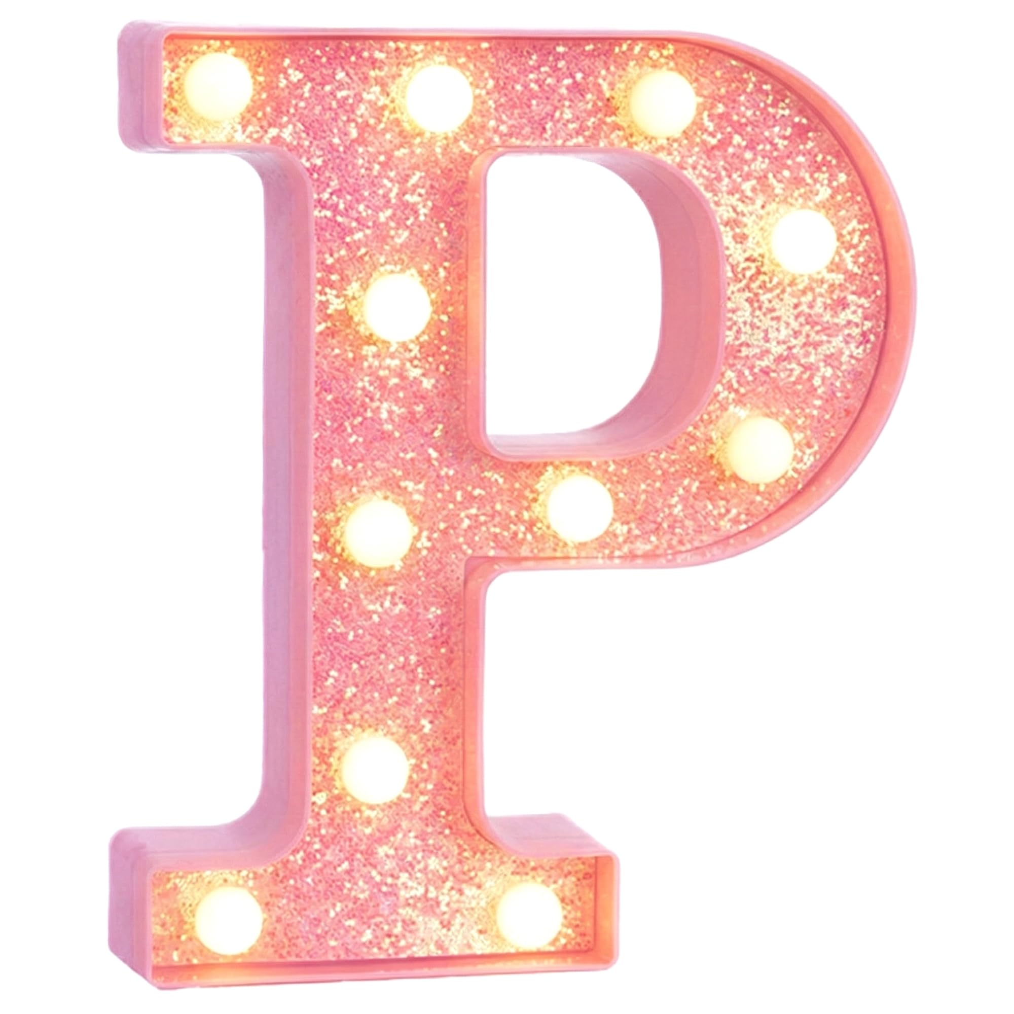 EUFONY Pink Marquee Light Up Letters, Glitter Alphabet LED Letter Lights for Pink Birthday Party Decorations, Battery Operated Letter Sign for Girls Room Vanity Table Decor, Warm White Lights Letter P