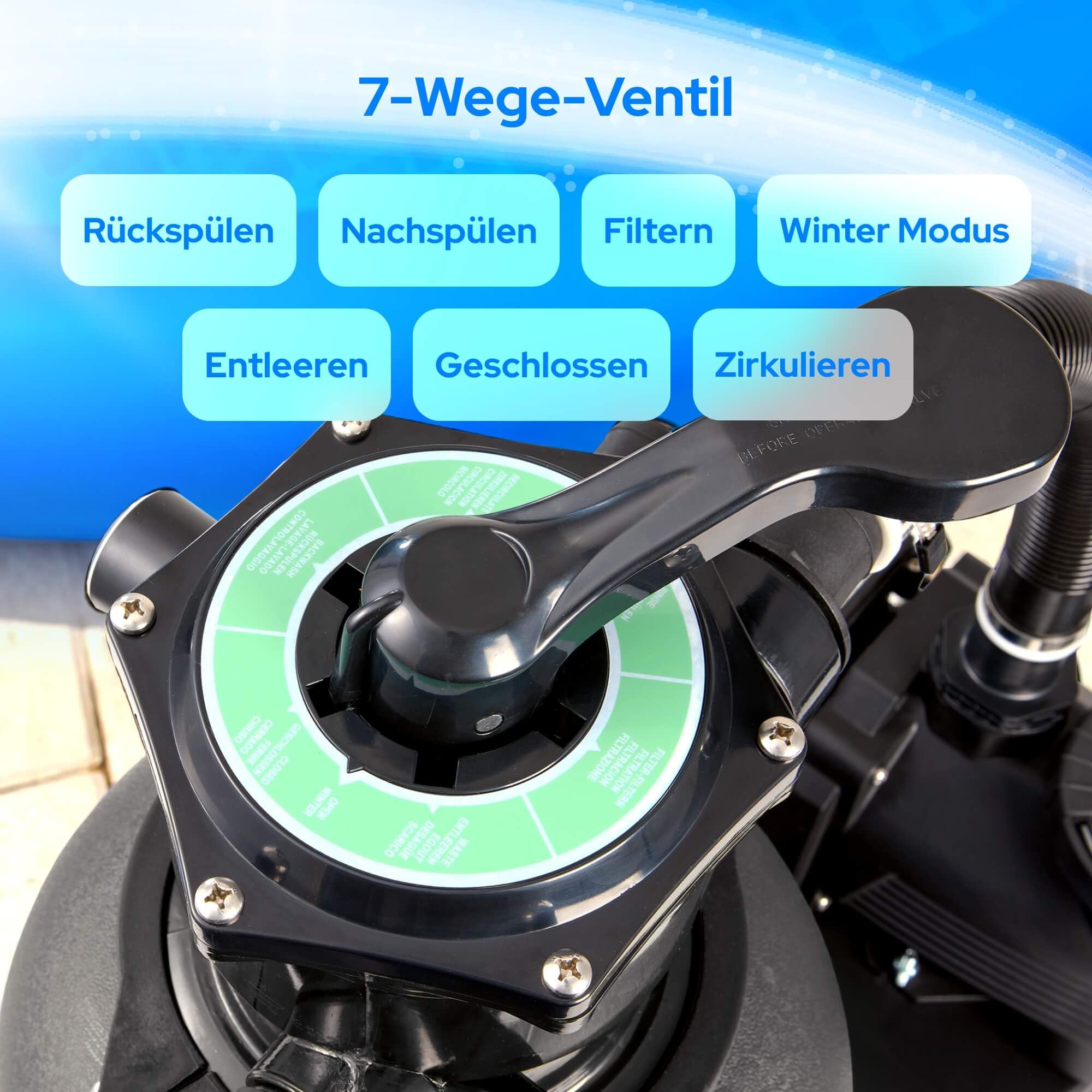 Arebos Sandfilteranlage mit Pumpe inkl. 600g Filterbälle | 350W | 9500 L/h | Tankvolumen bis zu 20 kg Sand | 7 - Wege Ventil mit Griff | mit Druckmanometer | Poolfilter | Schwarz