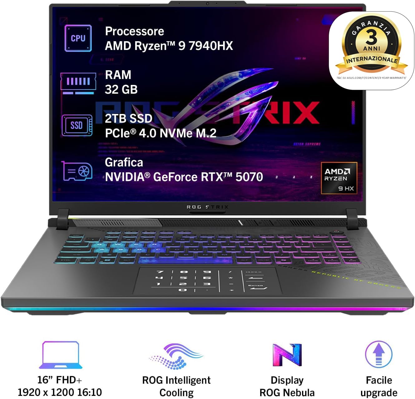 ASUS ROG Strix G16 (2025) con display da 16" a 165Hz, NVIDIA GeForce RTX 5070 8GB, AMD Ryzen™ 9 8940HX, RAM 32GB, 2TB SSD, Layout ITA, Win 11 Home, Grigio
