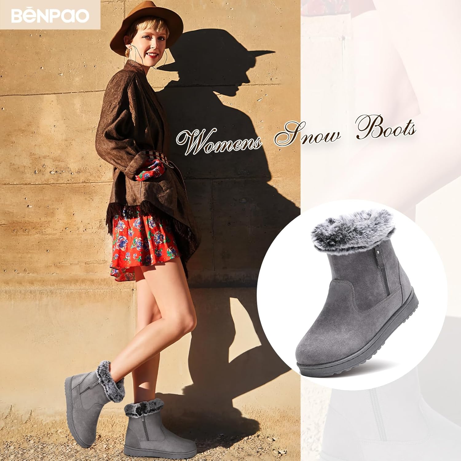 BENPAO Women's Winter Snow Boots - Fuzzy Mini Short Suede Ankle Booties with Zipper - Image 6