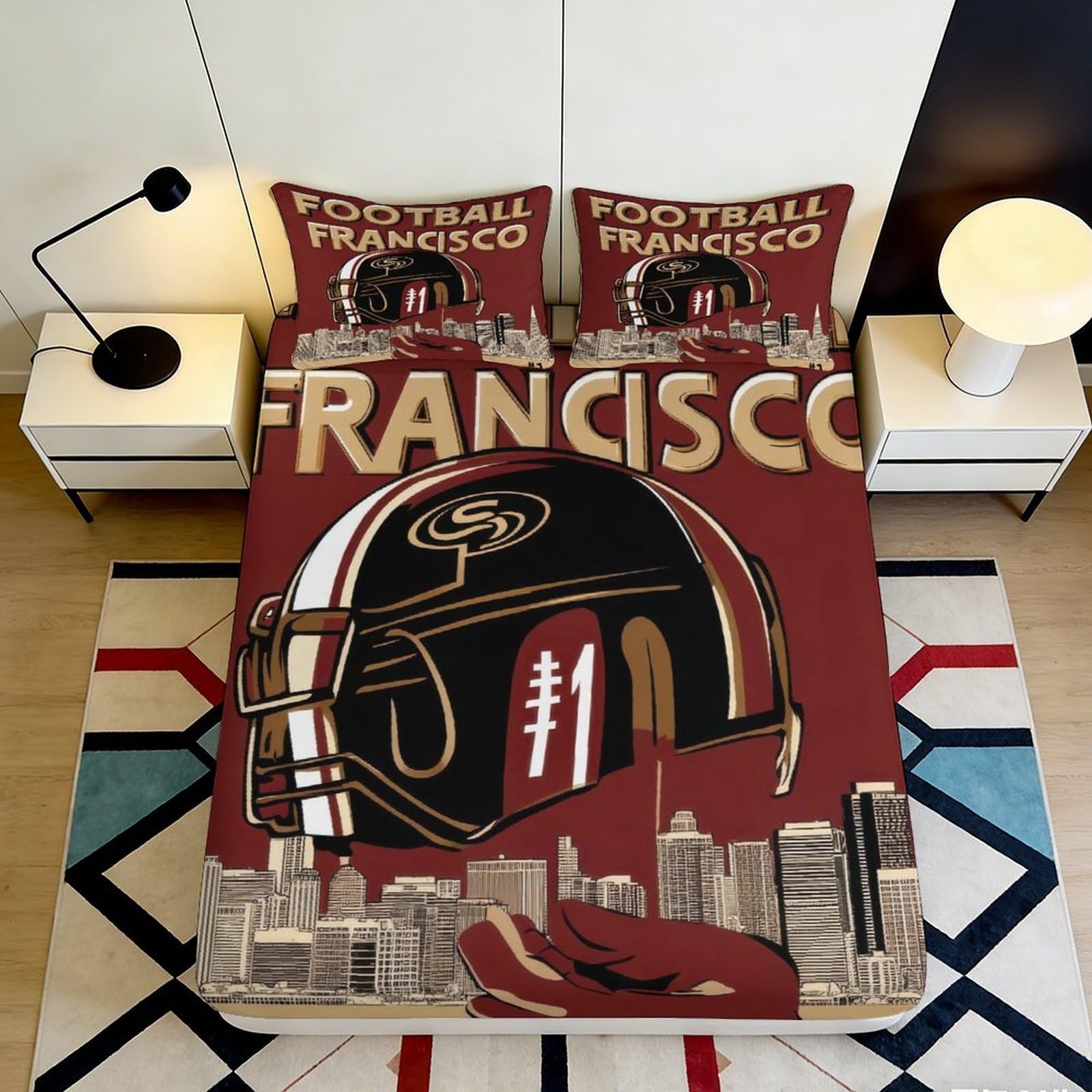 3D Printed San Francisco Helmet Fitted Sheet Microfiber Soft Red Skyline Bed Cover for Bedroom Guestroom Dorm Decor 90x200x25cm