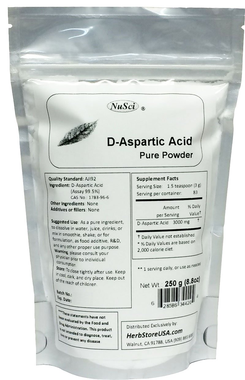 NuSci Pure D-Aspartic Acid (DAA) Powder AJI Quality Standard (250 Grams (8.8 oz))