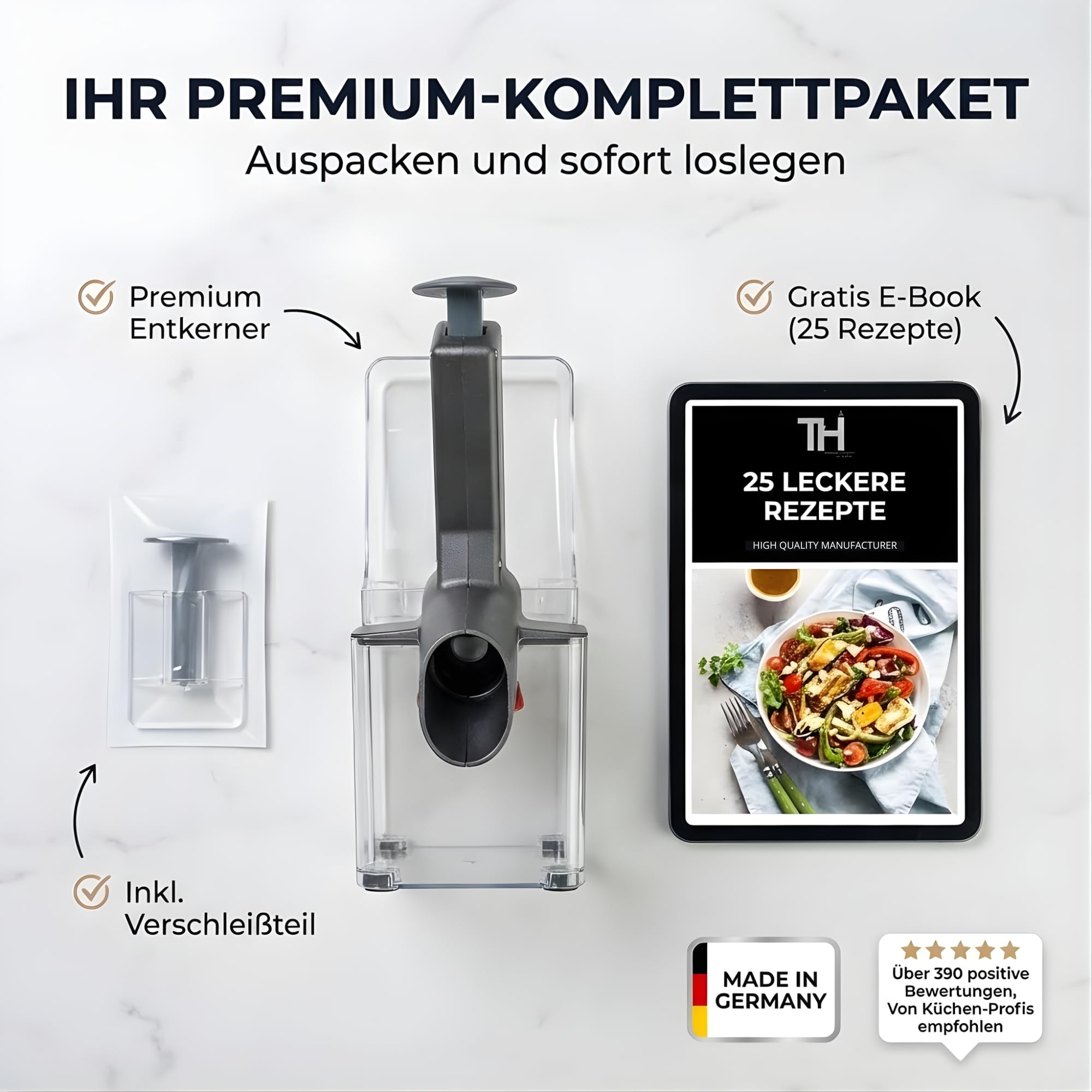 Thiru Premium Kirschentkerner (inkl. Verschleißteil) - hohe Entkernleistung - 100 Tage testen - frische, konservierte, tiefgekühlte Kirschen - mit Spritzschutz - inkl. 25 Rezepte - Made in Germany