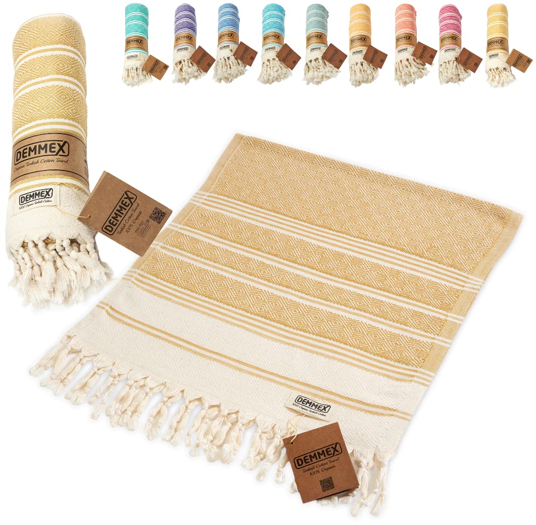 DEMMEX Organic & Oeko-TEX Certified Turkish Cotton Hand Towels - Set of 2, Quick Dry, Absorbent for Bathroom, Kitchen, Travel – Soft Diamond Weave, Prewashed, 18x36'', Mustard