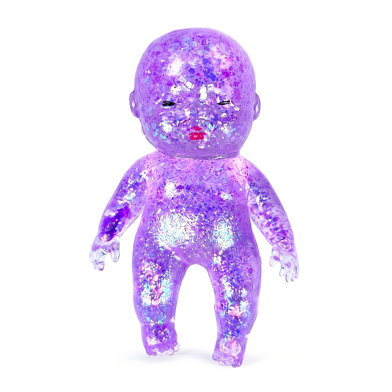 Plimto Glitter Baby Doll Squishy Toy, 14cm Slow Rising TPR Squeeze Fidget Toy, Sparkly Sensory Stress Relief Toy, Cute Desk Toy Gift for Older Kids Teens Adults (Purple Glitter)