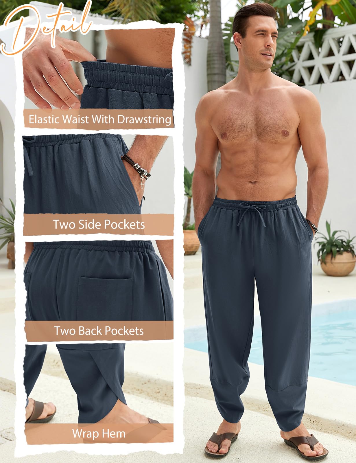 Voqeen Pantaloni Uomo Estivi Pantaloni Larghi in Cotone Casual da Spiaggia Pantalone Leggero dalla vestibilità Ampia Pantaloni Chino con Elastico in Vita E Gambe Larghe con Tasche