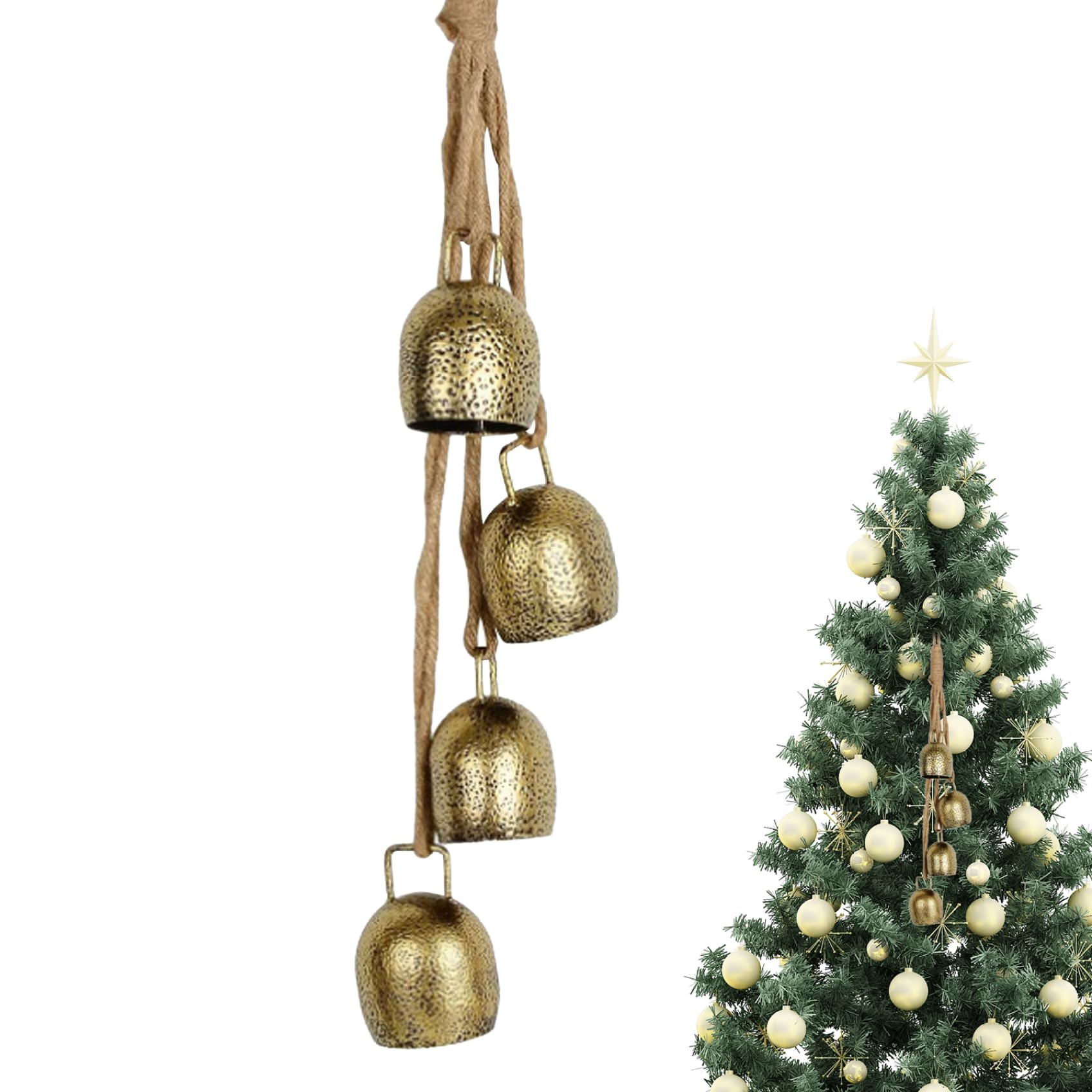 Wedhapy Girls 1Pc Christmas Bells Jingle Bells Gold Christmas Bells 16.5Inch Vintage 4 Bells Rustic Hanging Cow Bells With Rope Bell For Door Garden Home Decor Lucky Round Witch Bells Christmas Cow Bells