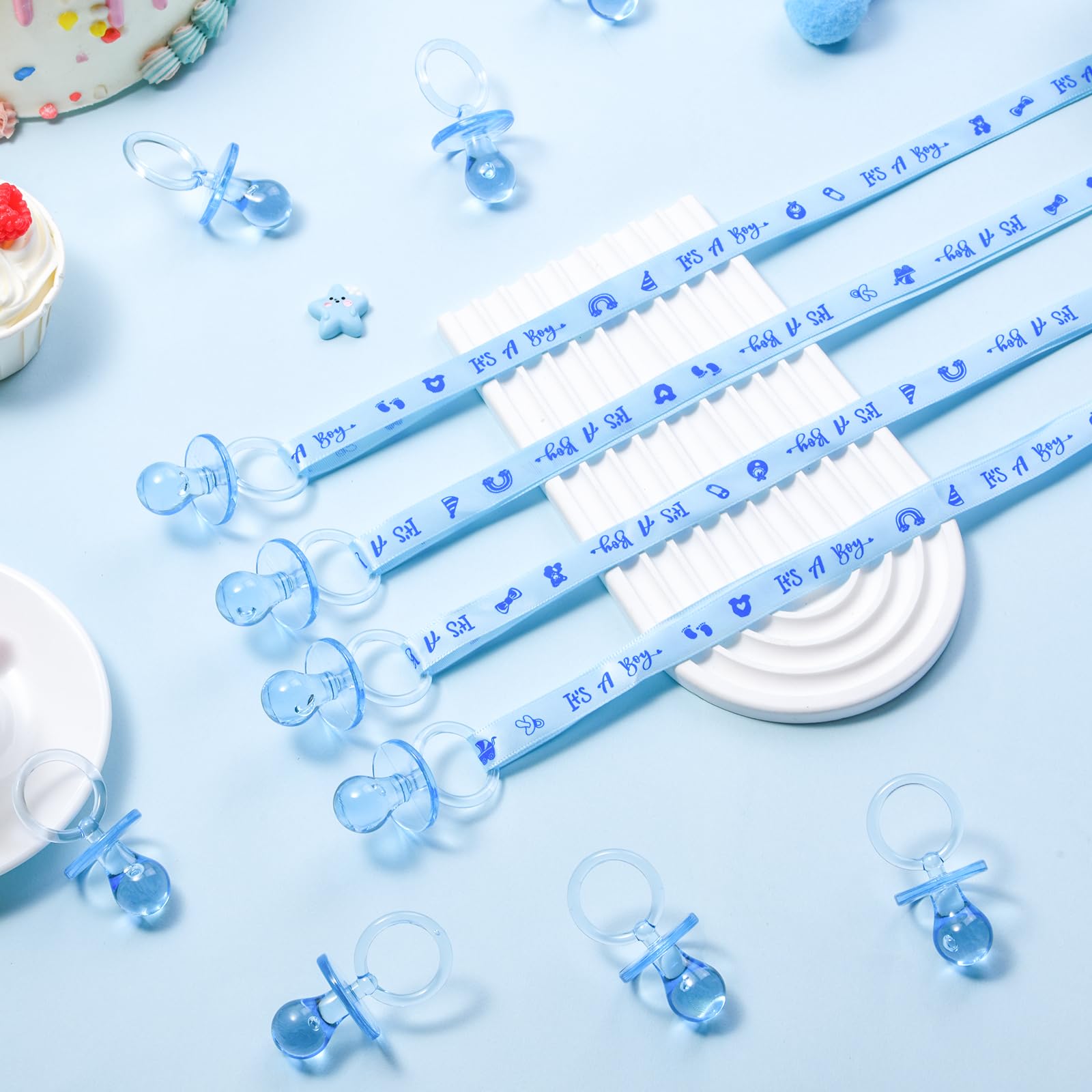 100 collane con ciucci per baby shower, graziose collane in acrilico per chupones para baby shower giochi fascino, bomboniere, decorazioni fai da te, rivelazione di genere spargere la tavola (blu)