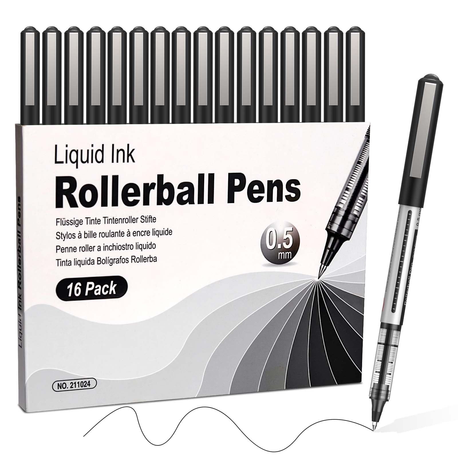 Rollerball Pens Black Ink, 16 Pack 0.5mm Writing Pens, Large Capacity, Quick Drying, Smooth Writing, No Bleeding, Black Pens for Adults and Children, Suitable for Office and School