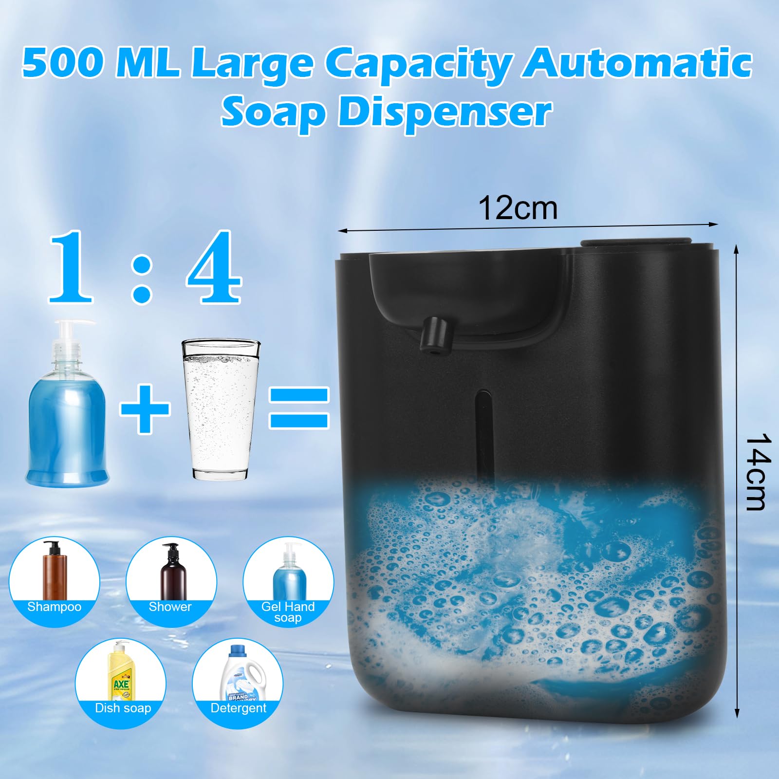 500ml Dozownik mydła, automatyczny, ścienny, bez wiercenia, wodoszczelny, elektryczny dozownik mydła z czujnikiem podczerwieni, czarny
