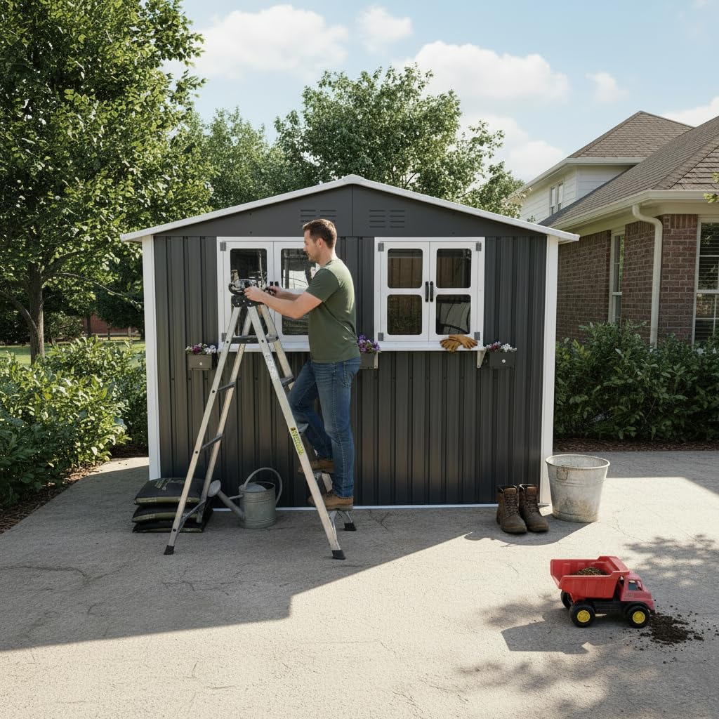 Casetta da giardino in acciaio zincato, 4,33 m², 276 x 182 x 198 cm, con 2 finestre, doppie porte chiudibili e scaffale per fiori, resistente alle intemperie, grigio (grigio, 1,8 x 2,7 m)