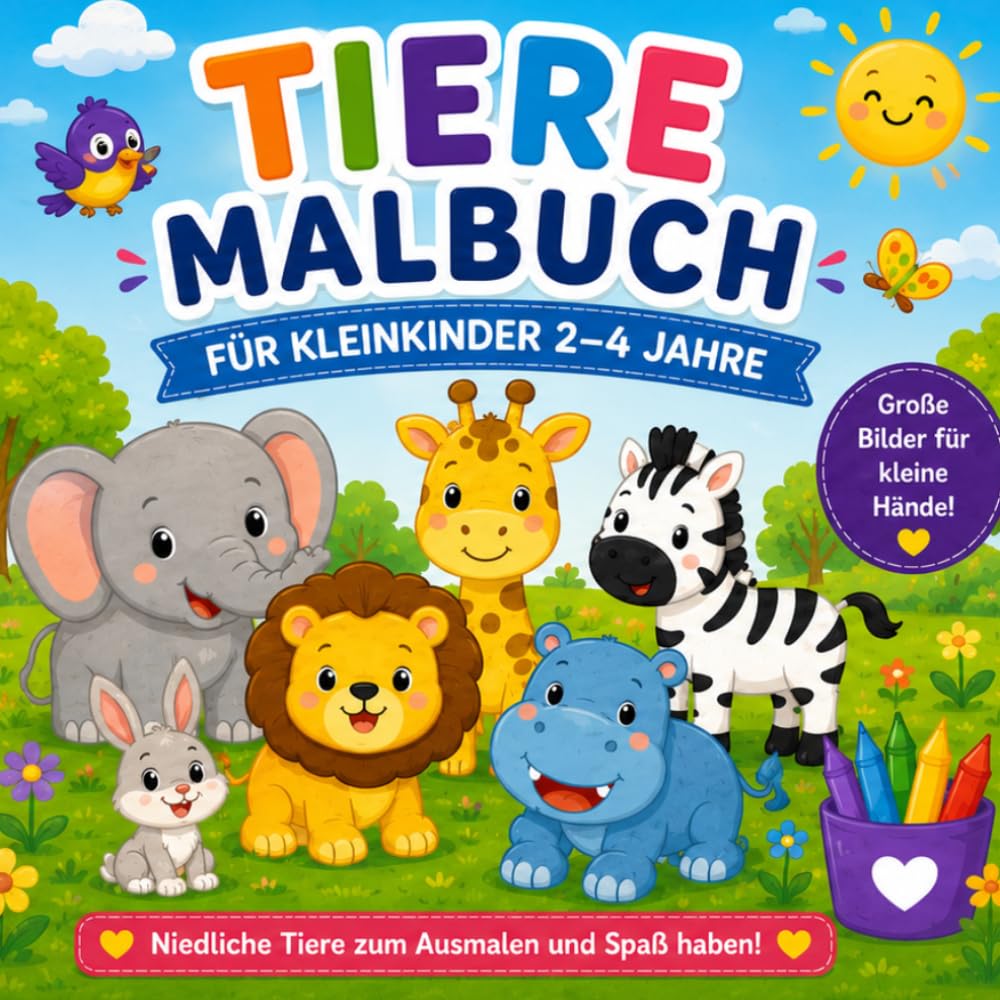 Tiere Malbuch für Kleinkinder 2–4 Jahre: Niedliche und einfache Tiere zum Ausmalen