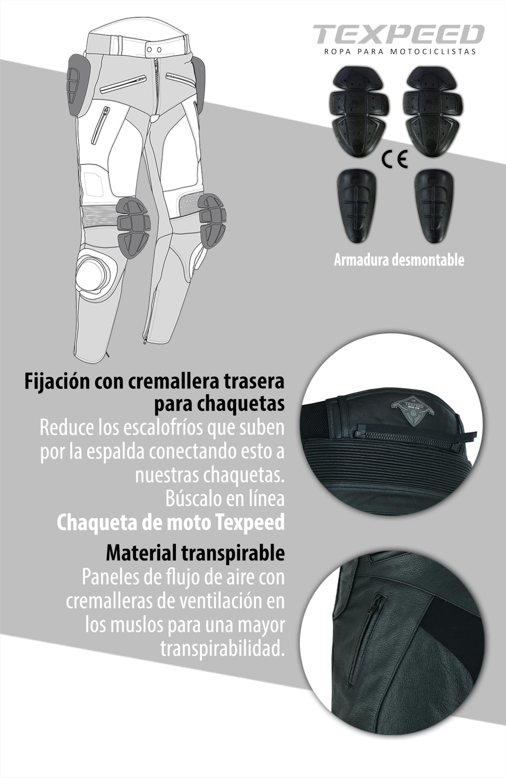 Texpeed – pantalones de moto de cuero para hombre con protecciones – negro – cuero de plena flor con sliders, protecciones EN 1621-1 - L Cintura/Pierna Largo