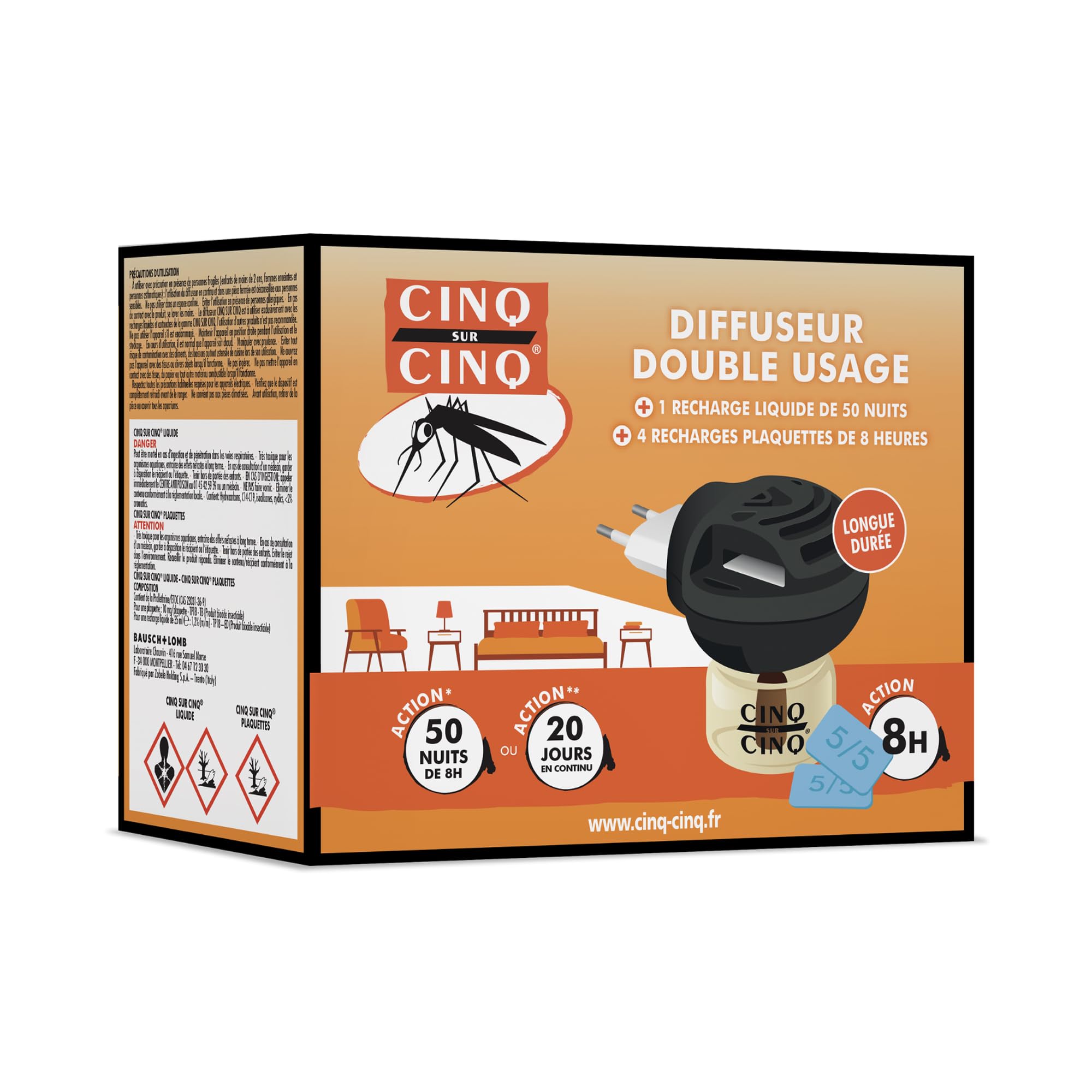 Cinq sur Cinq Diffuseur Électrique Anti-​Moustiques Double Usage – 4 Plaquettes 8h + 1 Recharge Liquide 50 Nuits – Protection Intérieure Jusqu'à 30 m³