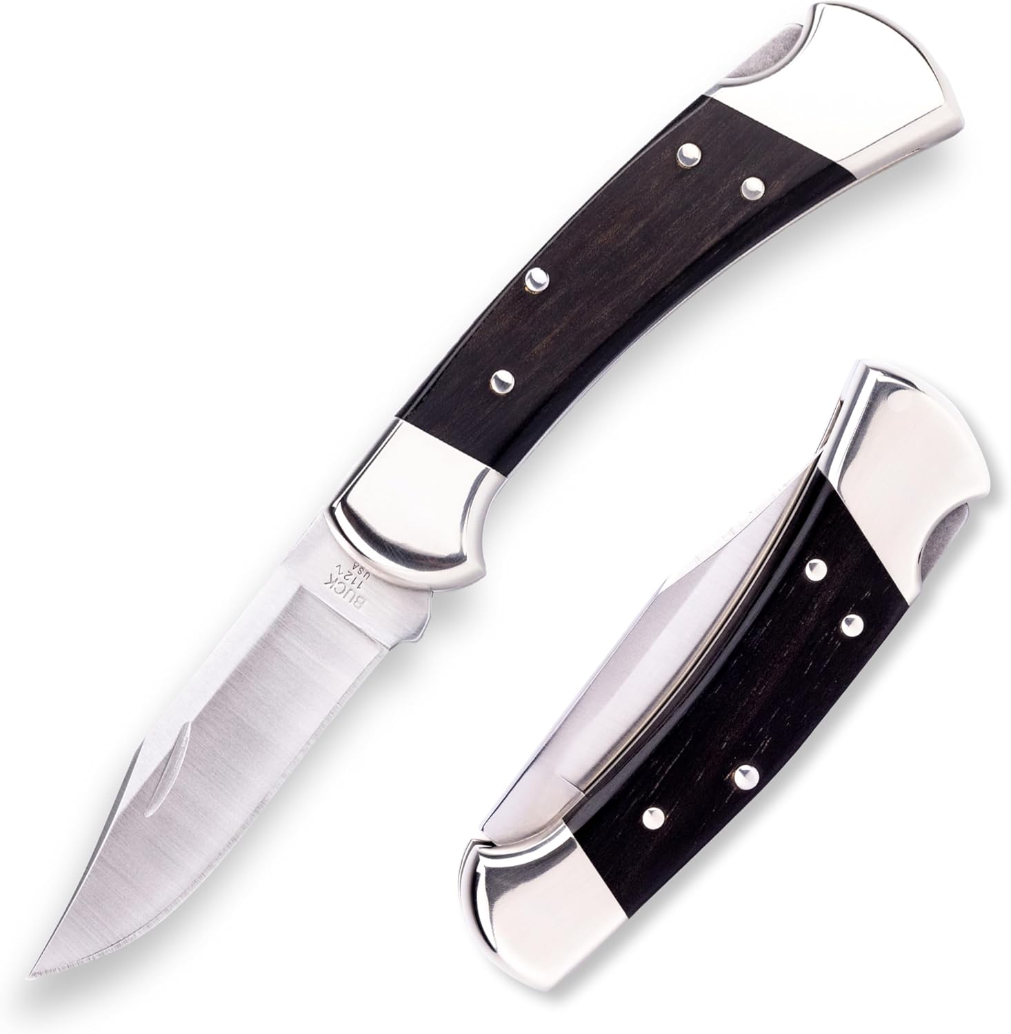Buck Knives 112 Ranger Hunting Knife, 3" Blade, Lockback Design, Ebony Handle, Silver Bolsters, 420HC Stainless Steel Clip Point Blade, Sheath Included, Folding Knife Made in the USA, 6.05 oz