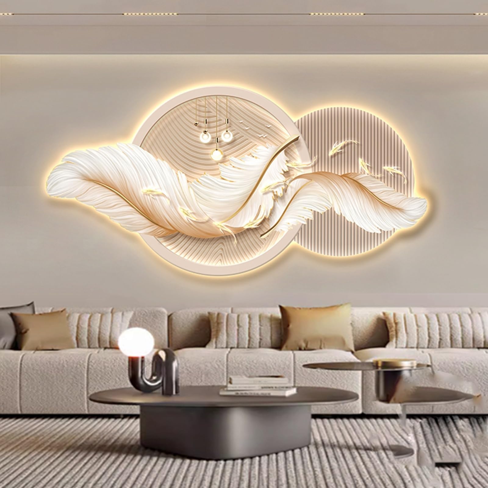 Decoración de pared LED 3D con plumas enchufables con luz cálida para sala de estar, dormitorio, oficina, 140 x 70 cm