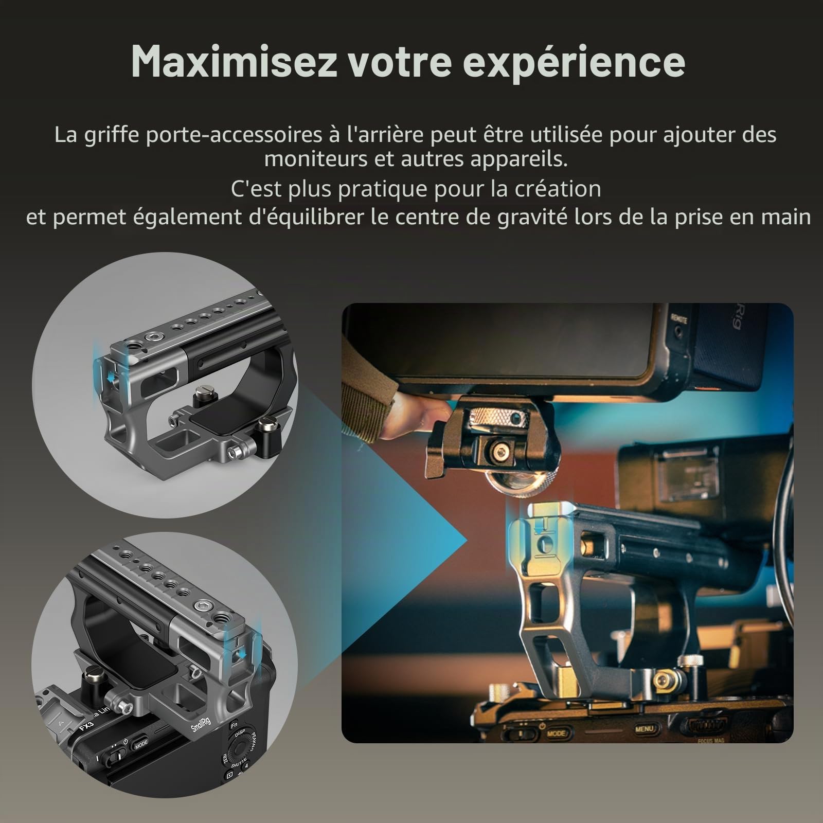 SMALLRIG Kit de Plaque Montage d'Extension pour Sony FX3 / FX30 Poignée XLR avec Griffe Froide, Structure HawkLock QR, avec Trous Filetés 1/4"-20 et Trous de Positionnement 3/8"-16 pour Arri - 4830
