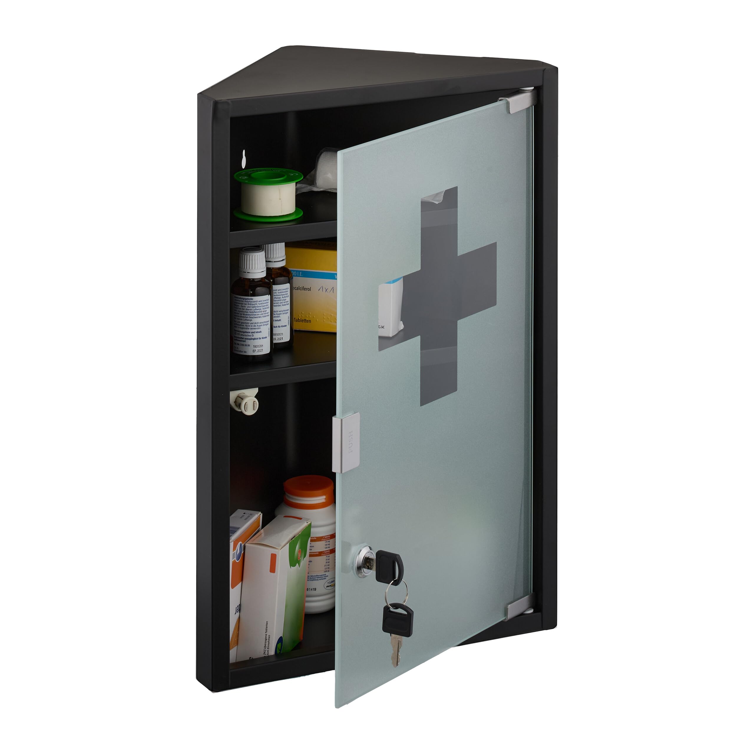 Relaxdays Armadietto Pronto Soccorso per Medicinali, Cassetta Medicine con Chiave, 3 Scomparti, HLP: 45x30x17,5 cm, Nero