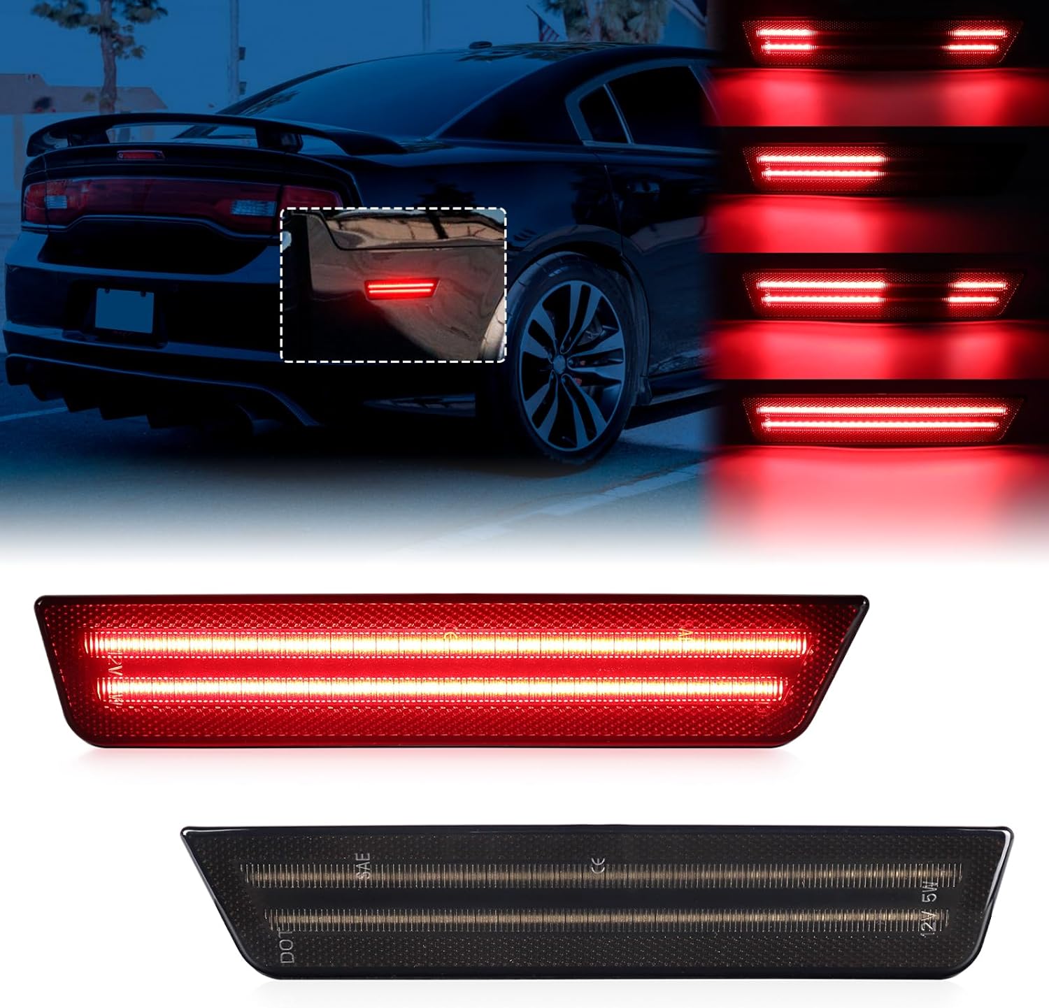 FetonAuto Sequential LED Rear Bumper Red Side Marker Lights