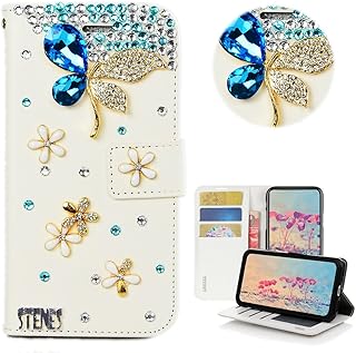 STENES Bling Wallet Phone Case Compatible with LG Stylo 5 - Stylish - 3D Handmade Flowers Pretty Butterfly Design Stand Feature Leather Wallet Cover Flip Case - Blue