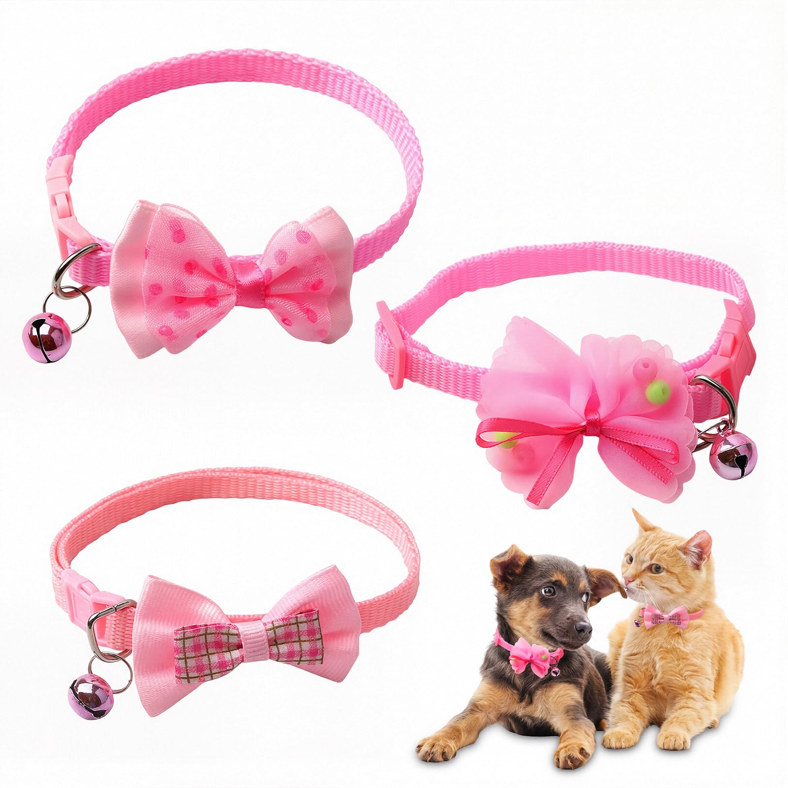 3 Pcs Pink Small Dog Collar Girl, XS Dog Collar with Cute Bow Tie & Adjustable Buckle, Soft Nylon Extra Small Dog Collar for Neck 7.5-12.5 Inch, for Tiny Puppy and Cat