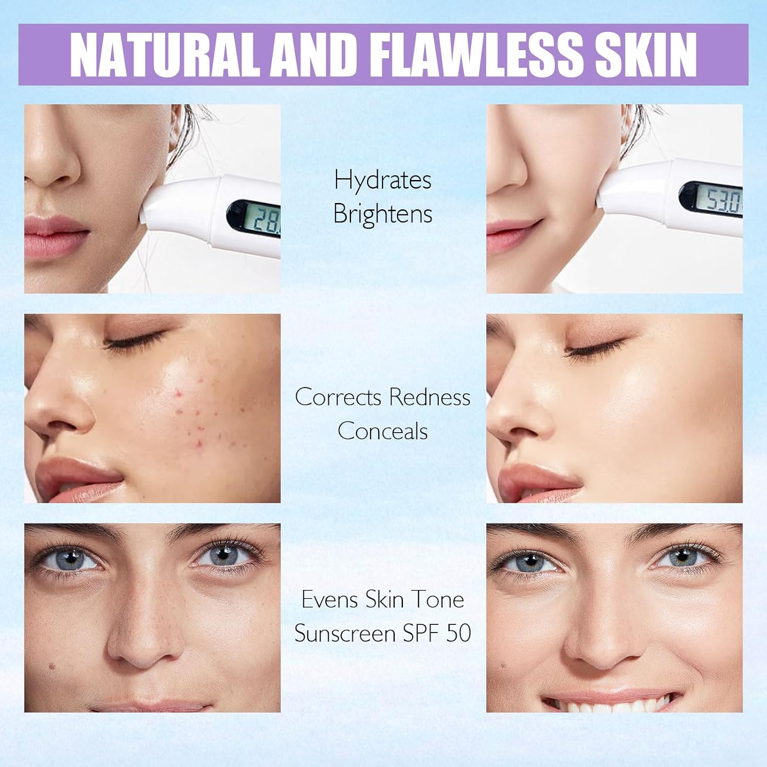 3 In 1 Primer for Face Before Makeup, SPF 50, Tinted Moisturizer Sunscreen Isolation Cream, One Step Color Corrector Makeup Primer, Color Correcting Concealer Oil Control, Base de Maquillaje, #01