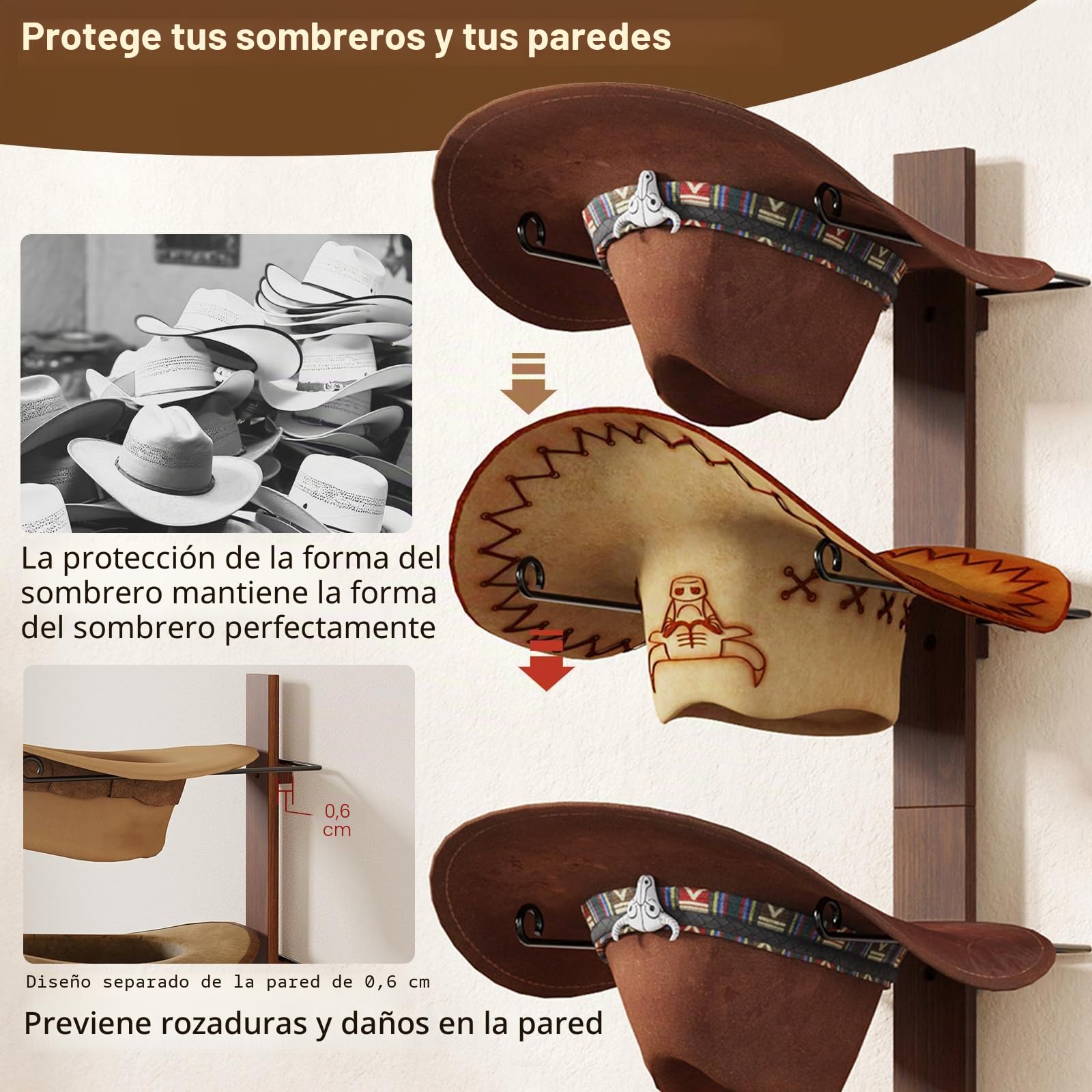 Estante para sombrero de vaquero, soporte de metal para sombrero de vaquero con tabla de madera, 6 piezas para sombrero de pared