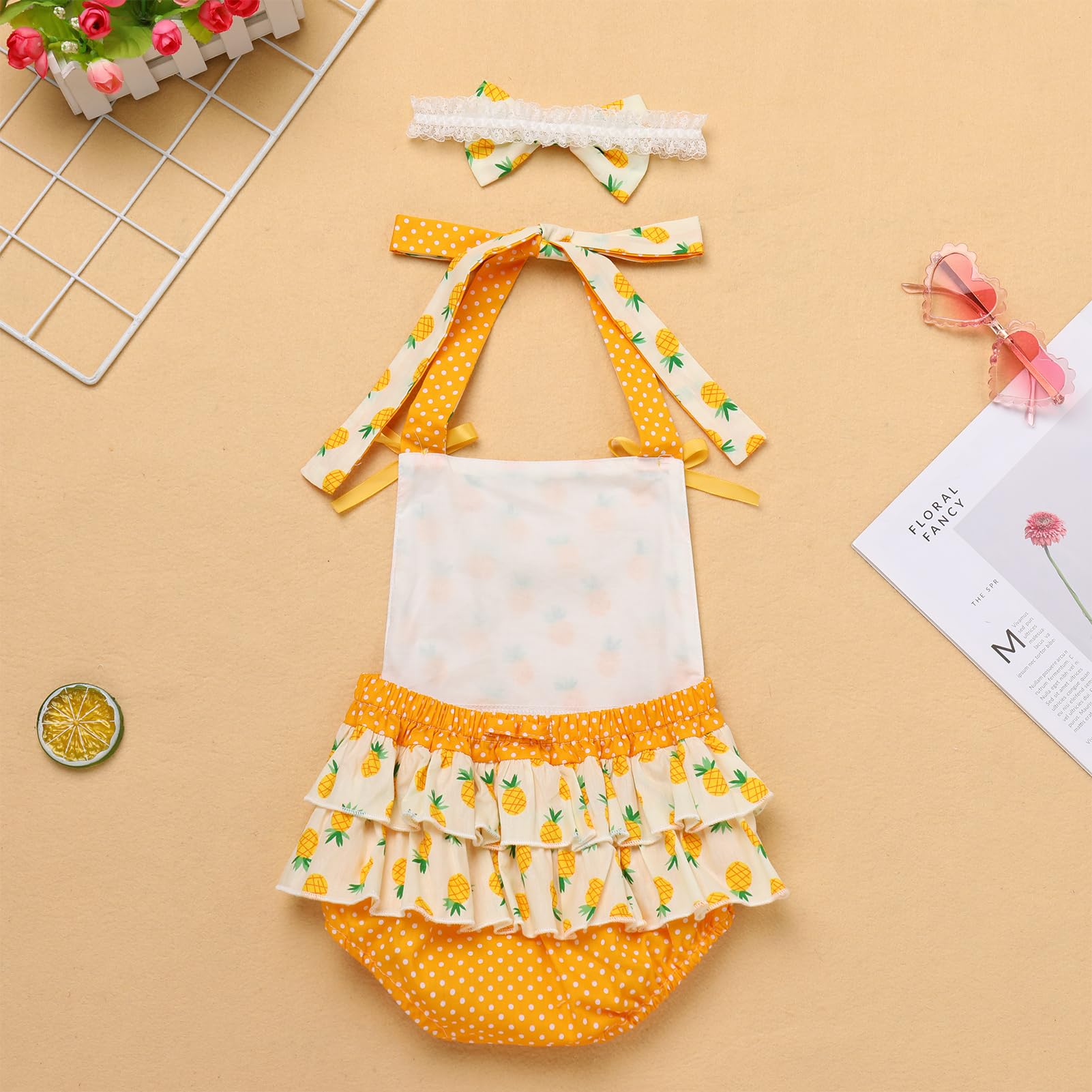 IBTOM CASTLE Baby Girl 1st Birthday Outfit: Princess Sleeveless Backless Romper Dress Summer Holiday Cake Smash Outfit with Bowknot Headband 2PCS Home Coming Outfit Yellow & Pineapple 12-18 Months