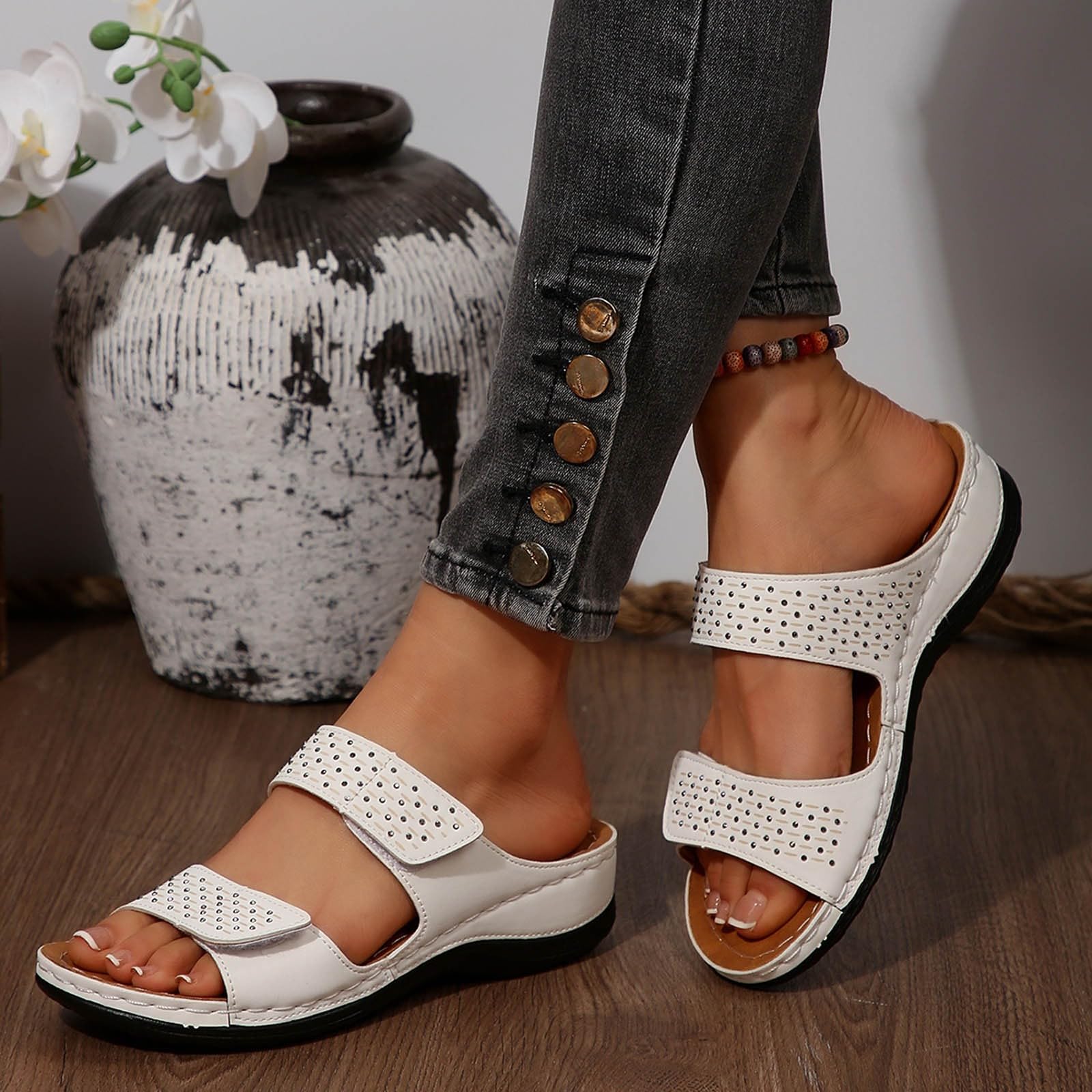 Generisch Mules orthopédiques pour femme - Chaussons d'été pour femme - Pieds larges - Sandales de bain légères - Sandales d'été avec semelle large - Sandales en cuir