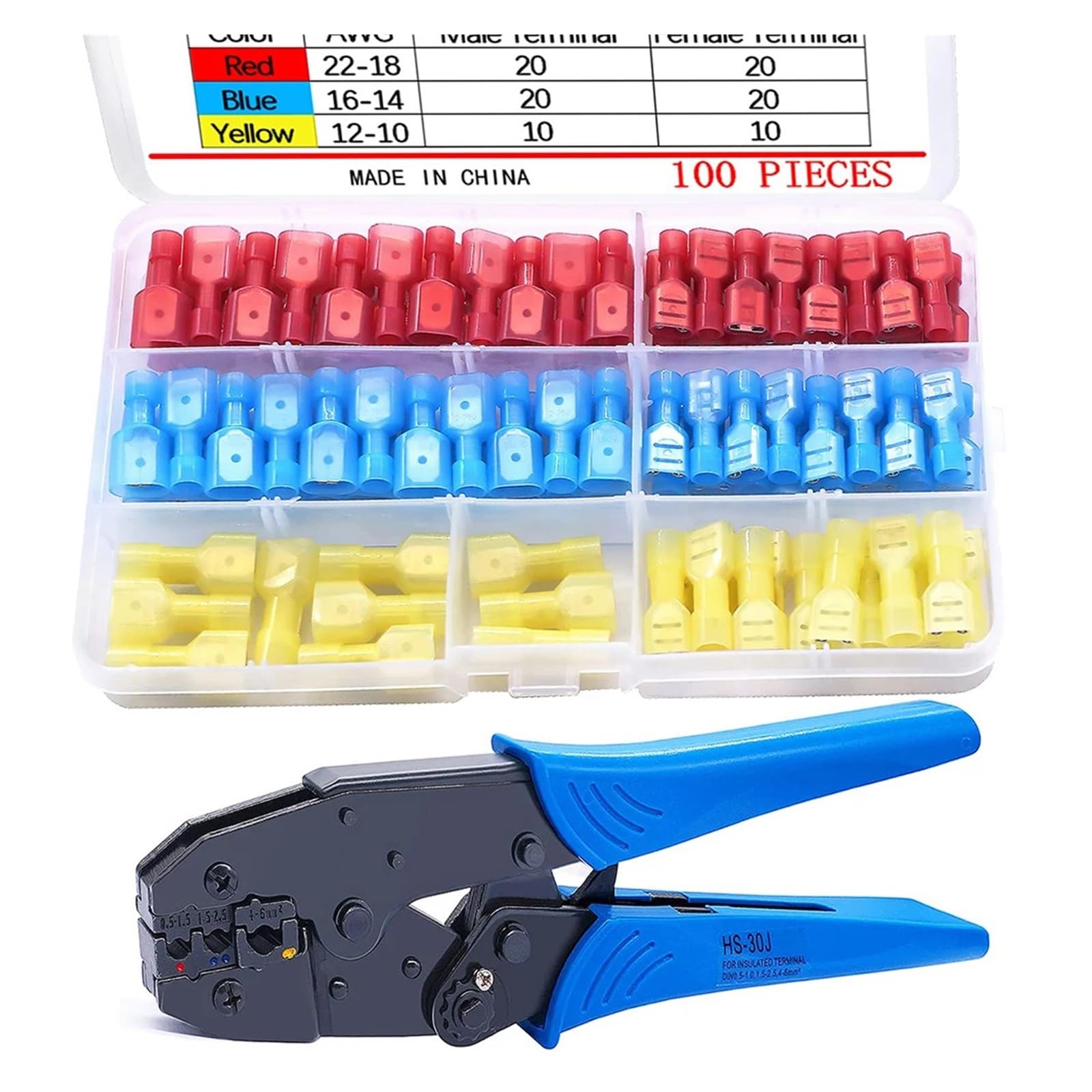 LoRier Kit d'assortiment de connecteurs à pelle en Nylon, 100 pièces, calibre 22-10, déconnexion rapide, entièrement isolés, mâles et femelles, Kit d'assortiment de bornes à pelle (Color : 101pcs)