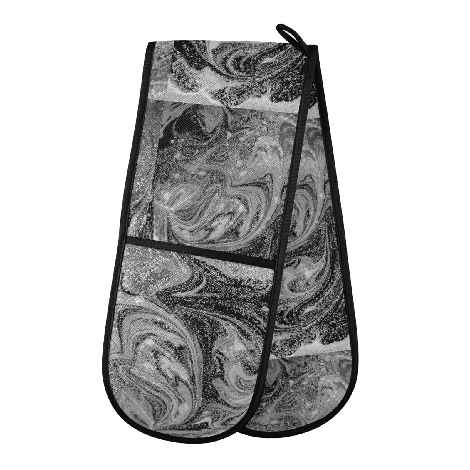 Poeticcity Multi 8 Silver Black Swirls Marble Agate Shiny Silver Dark Starry Night Double Oven Mitt Gloves Extra Long Potholder High Heat Resistant For Baking Cooking Baking Grilling Handling Hots Pans 35"X7"