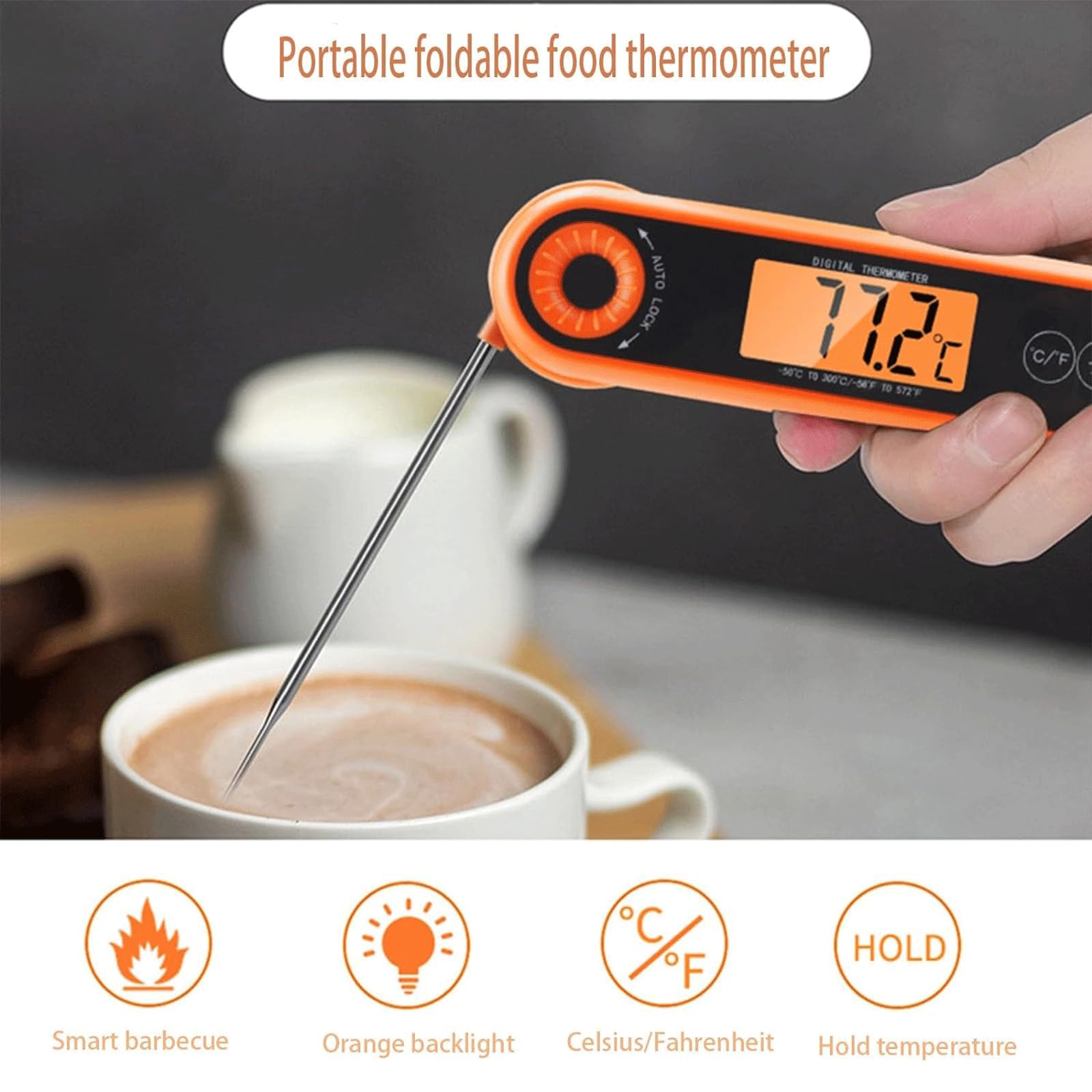 Termómetros para carne Termómetro de cocina de lectura instantánea, termómetro para barbacoa, termómetro plegable para alimentos para cocina, cocina al aire libre y parrilla Termómetro para alimentos