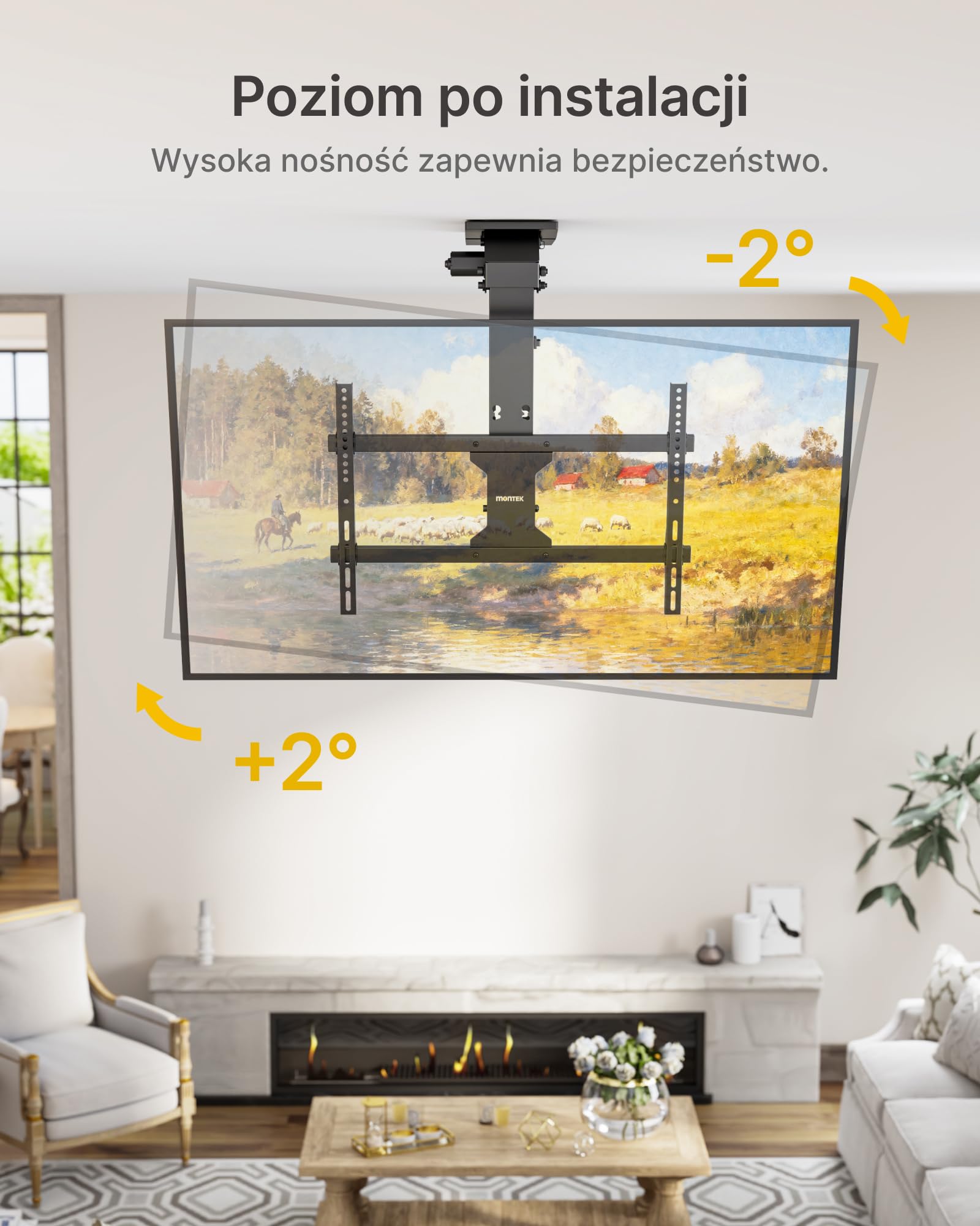 monTEK Elektryczny Uchwyt Sufitowy TV 37-75", do 45 kg | Elektryczny uchwyt sufitowy do TV z pilotem, aplikacją i sterowaniem głosowym, do sufitów płaskich i skośnych