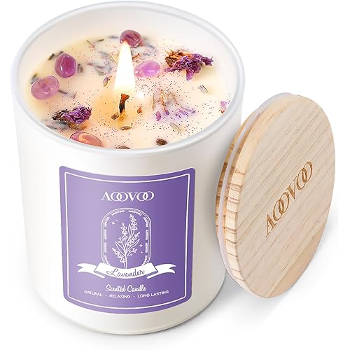 AOOVOO Lavender Scented Candles for Women - Aromatherapy Candle with Crystals Inside, 7oz Soy Candles for Home Scented, Birthday Gifts Mothers Day Candle for Women Mom
