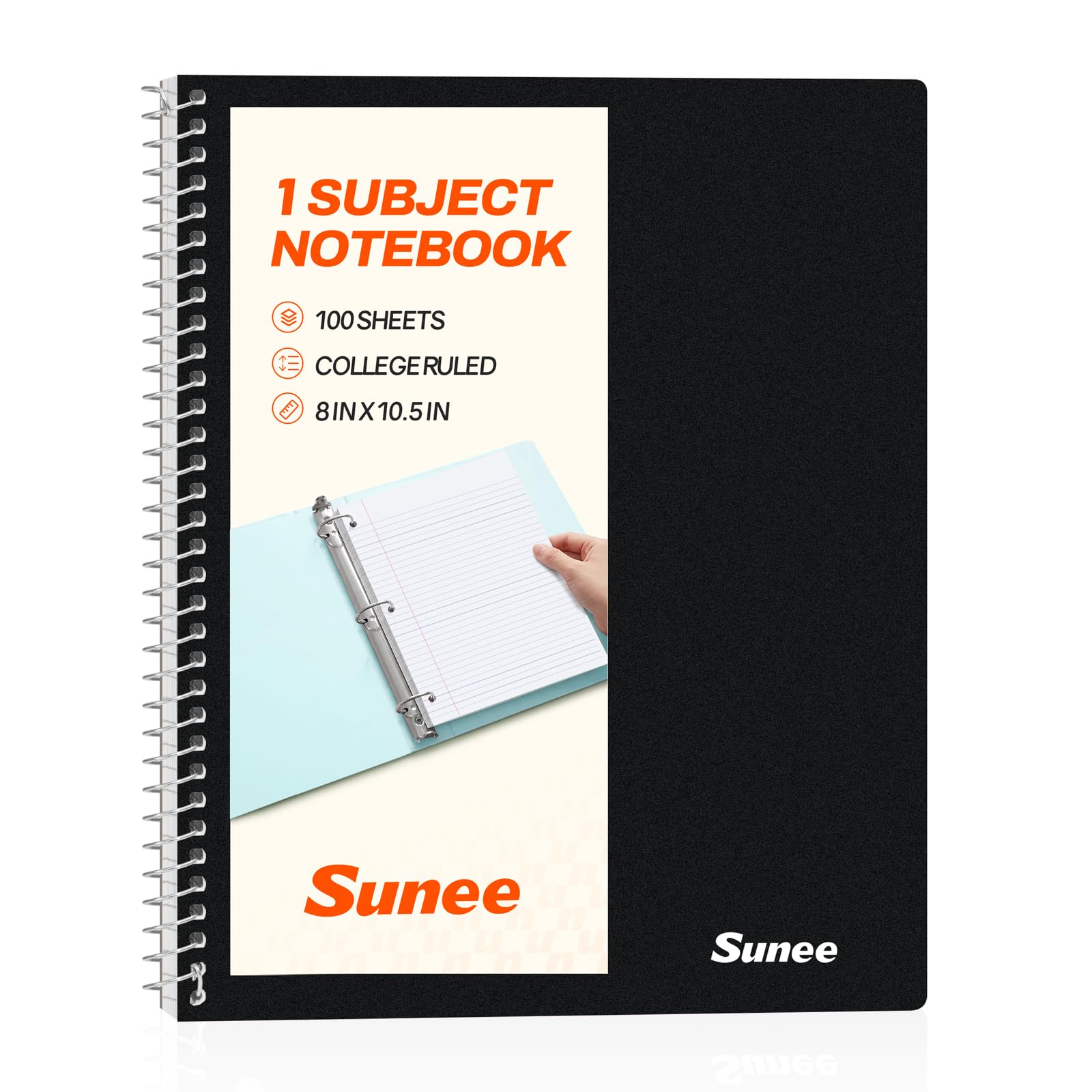 SUNEE Quaderno a spirale, 1 soggetto, carta a righe universitaria, 20,3 x 25,1 cm, 100 fogli per quaderno, carta perforata a 3 fori, copertina impermeabile, tasche fronte-retro, quaderni a spirale per