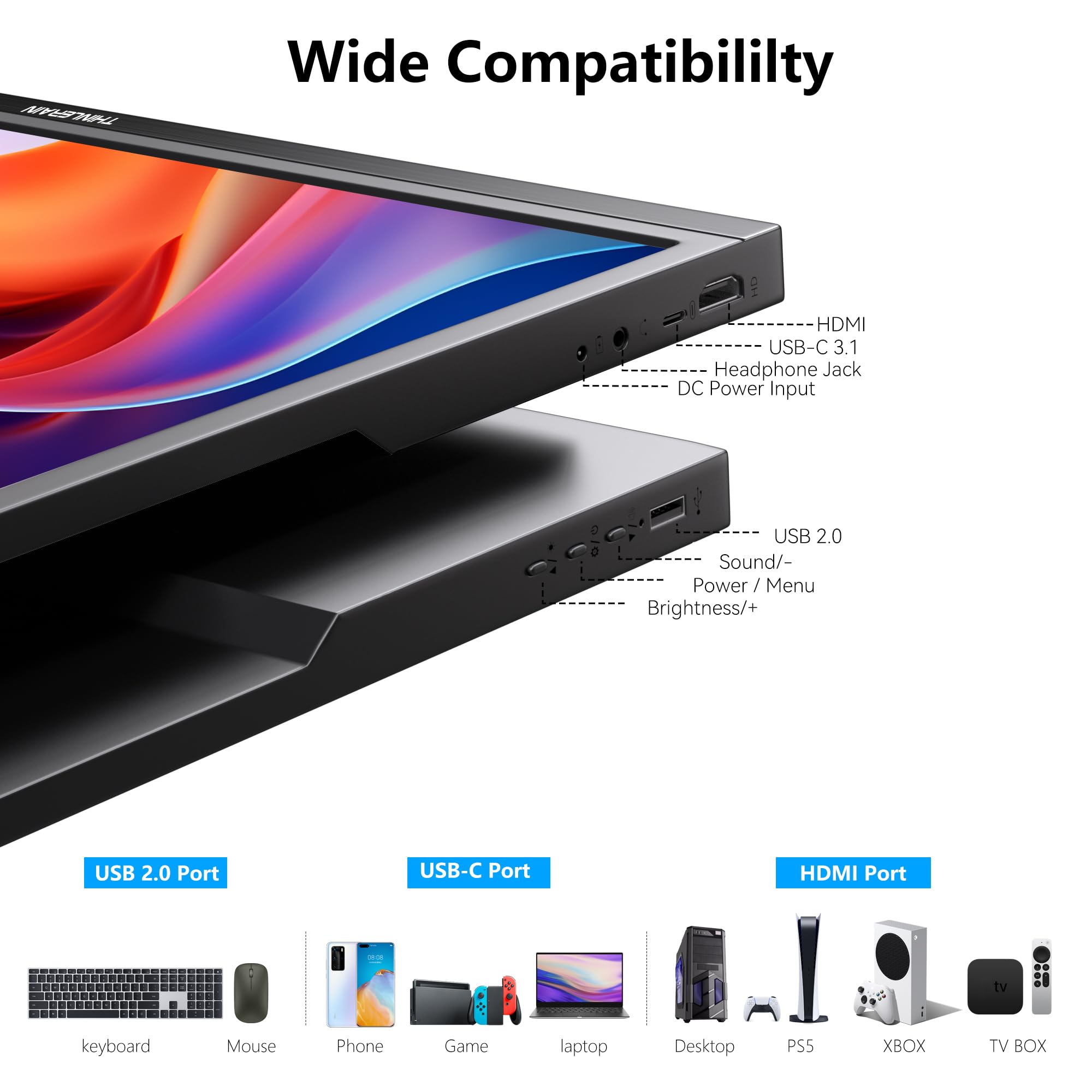 Thinlerian 17,3 Zoll Tragbar Monitor, 1600 x 900 HD Bildschirm mit USB-C und HDMI, Zwei Lautsprechern, als externes Display oder zweiter Bildschirm für Laptop, PC und Smartphone