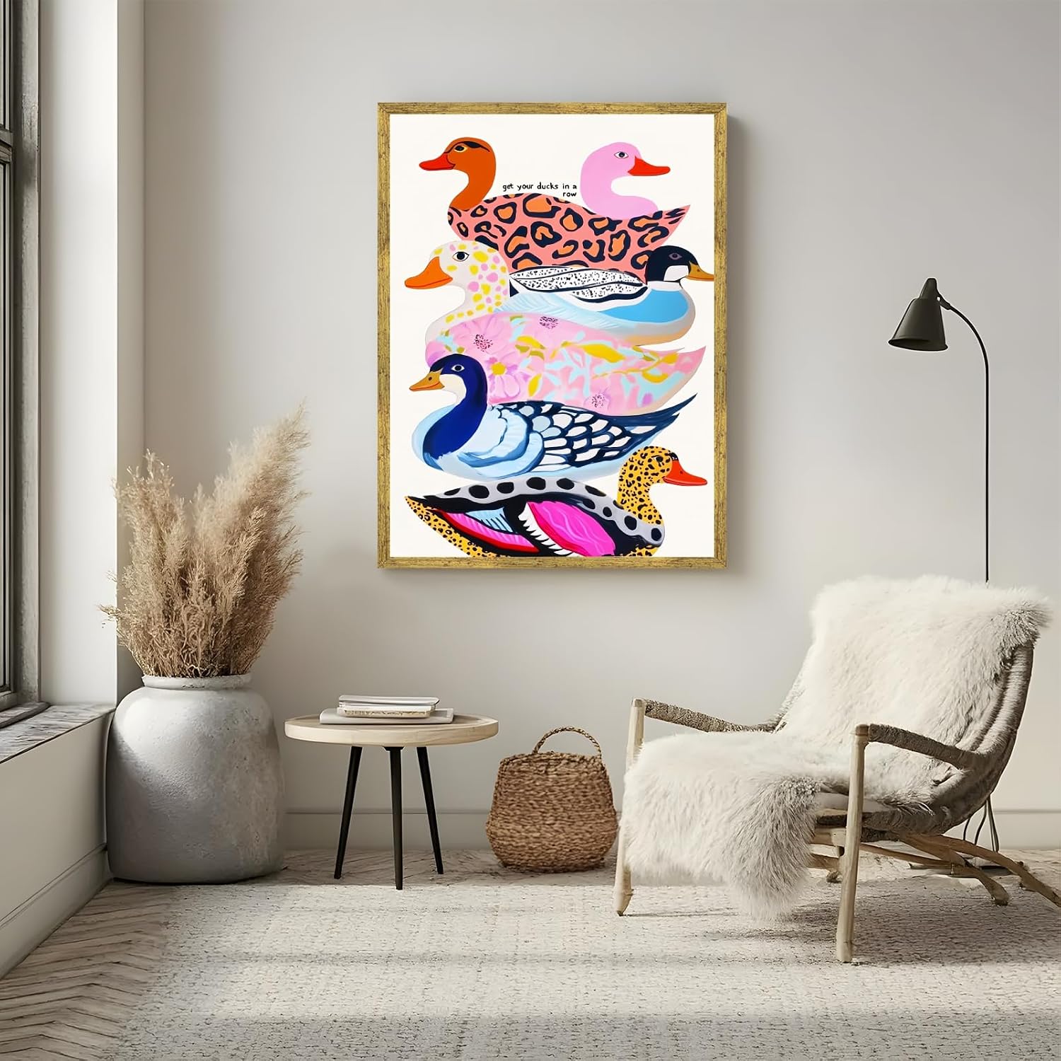 Gold Frame Wall Art Colorful Ducks Funny Animal Pictures Wall Decor Whimsical Duck Illustration Canvas Print Modern Playful Cute Rustic Animal Artwork for Kids Room Bathroom Nursery 12x16inch