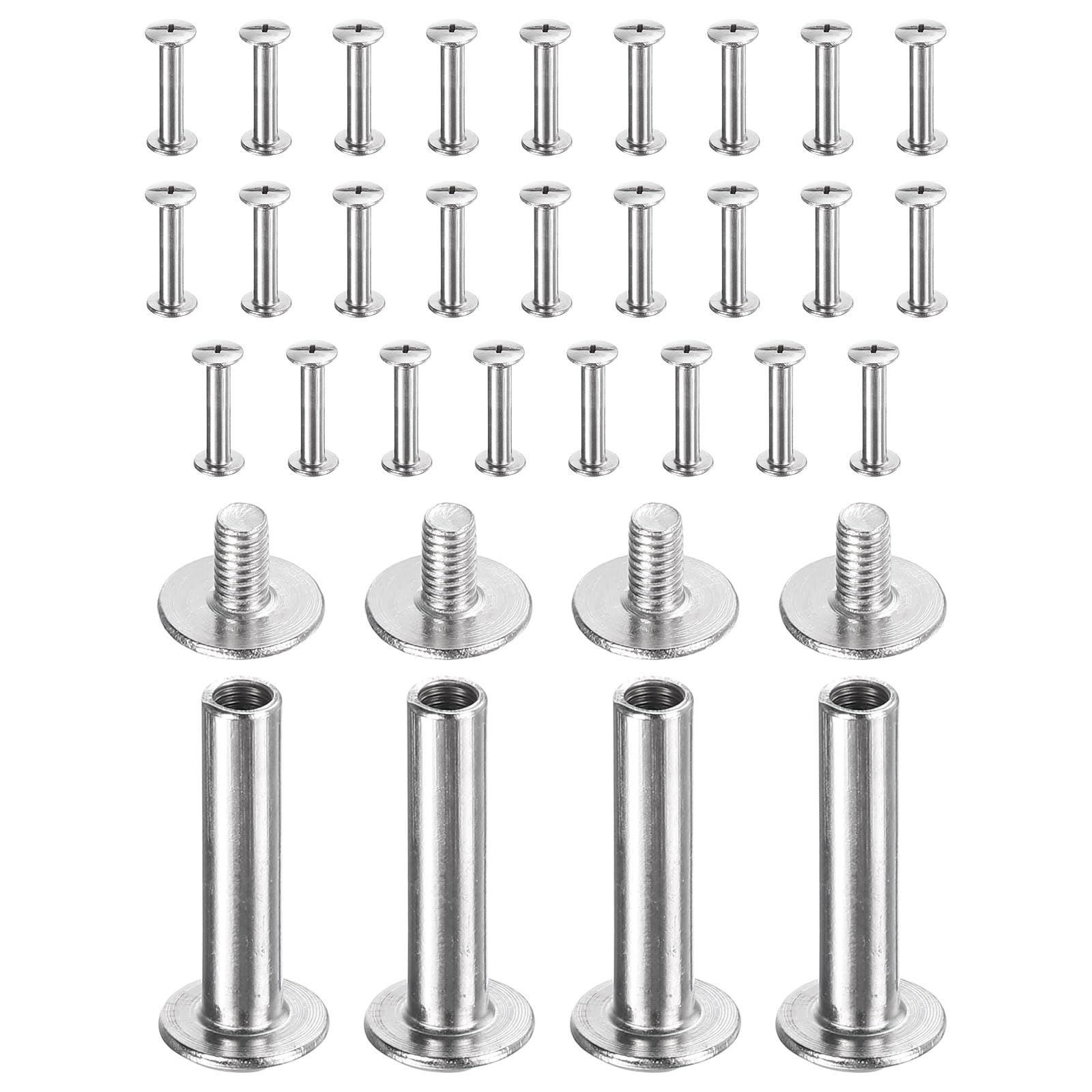 sourcing map 30set Chicago Screw M3x18mm 5mm Length Metal Phillips Nail Rivet Stud Bolts Rivets Binding Post Screw for DIY Leather Belt Bag Craft Bookbinding, Silver