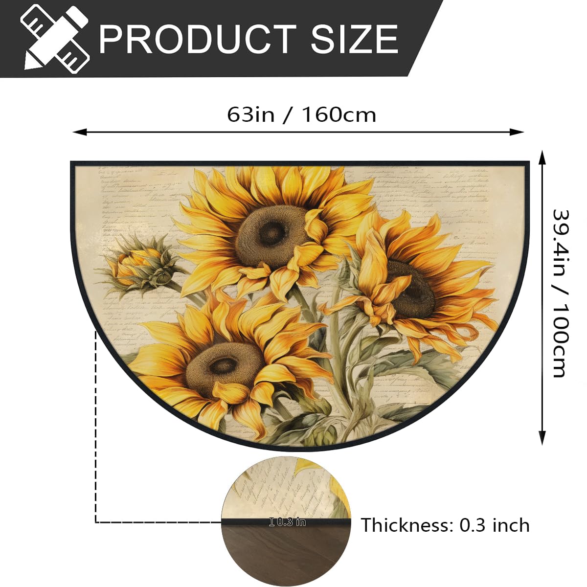 Mexpekil Paillasson rétro en forme de demi-lune pour intérieur et extérieur - Lavable - Absorbant la saleté - Demi-rond - Motif tournesols - 100 x 160 cm