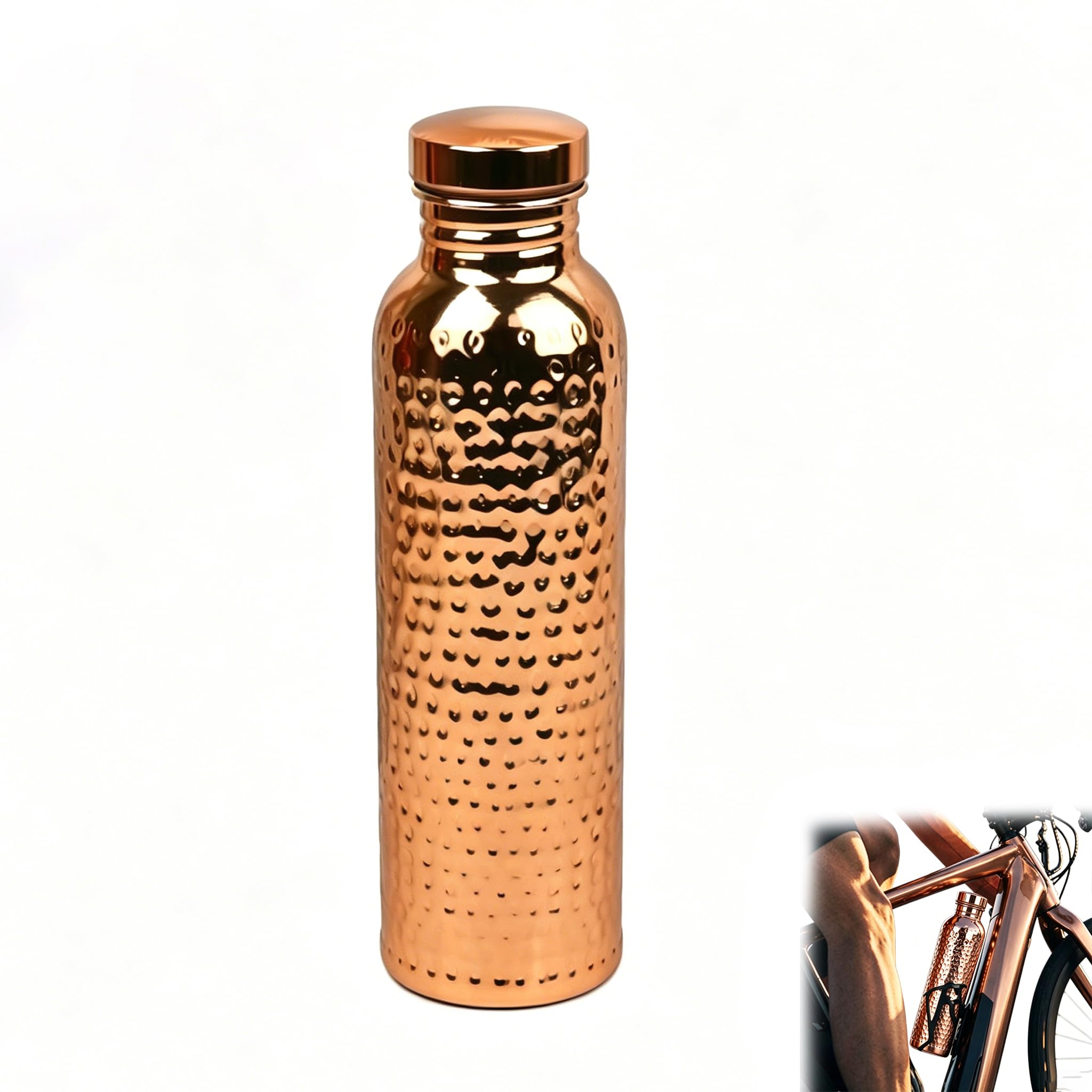 Copper Water Bottle 800ml, Hammered Finish Pure Copper for Drinking, Handcrafted Ayurvedic Leak-Proof Bottle for Health Benefits, BPA Free Eco-Friendly for Sport & Travel (Gold)