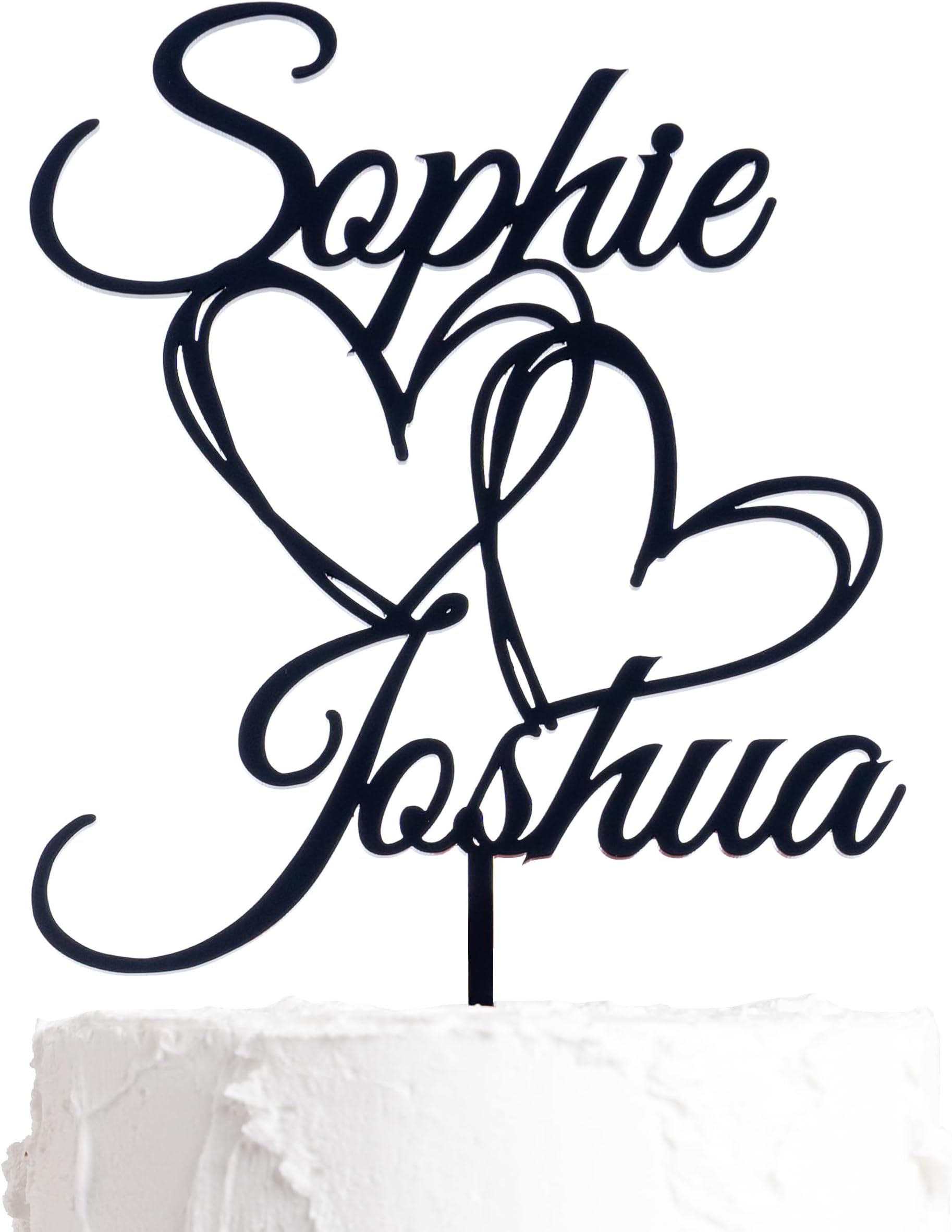 Custom Double Heart Wedding Cake Topper, Personalized Acrylic Cake Decor, Gold Cake Topper, Engagement Gift, Rustic Cake Decoration (Black)