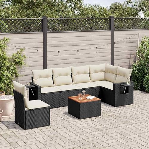Vista 5 de 7-Piece Modular Garden Sofa Set Black and Cream White with All-Weather PE Rattan and Waterproof Cushions, Outdoor Furniture for Terrace and Patio