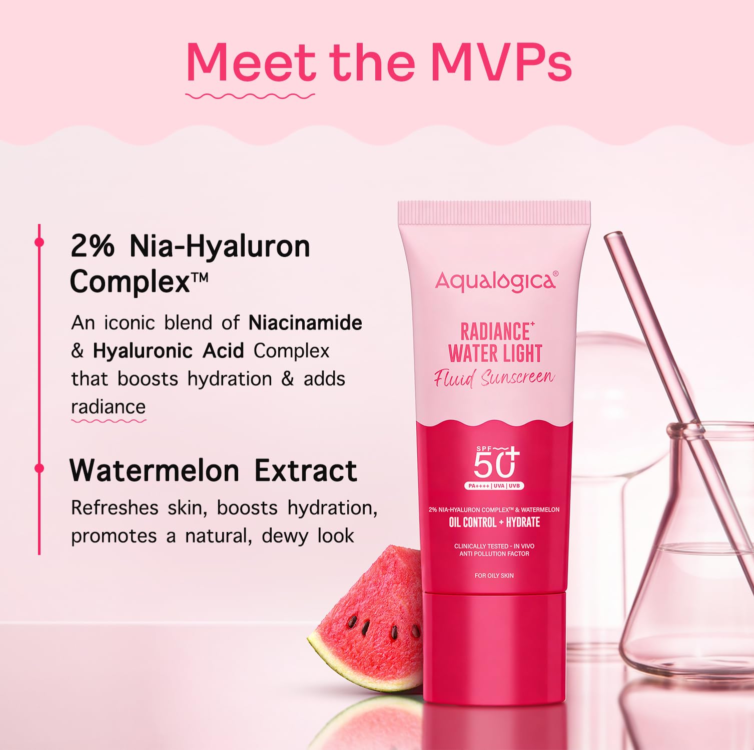 Aqualogica Radiance+ Water Light Fluid Sunscreen - 50g | SPF 50+ PA++++ | In-Vivo Tested | New-age Filters | Ultra-Light Fluid Texture | For Bright & Radiant Skin | Fragrance-Free & No White Cast | 2% Nia-Hyaluron Complex | Broad Spectrum UVA/B & Blue Light Protection | Lightweight | For Men & Women 2