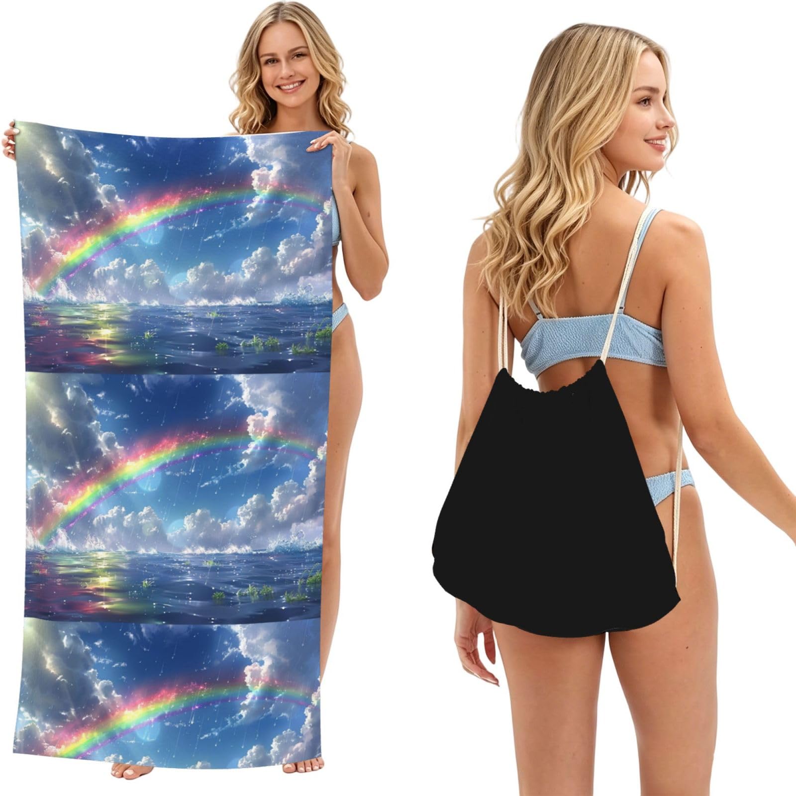 SKGOHLH Blue Sky Rainbow 2in1 Packable Beach Towel Bag Women