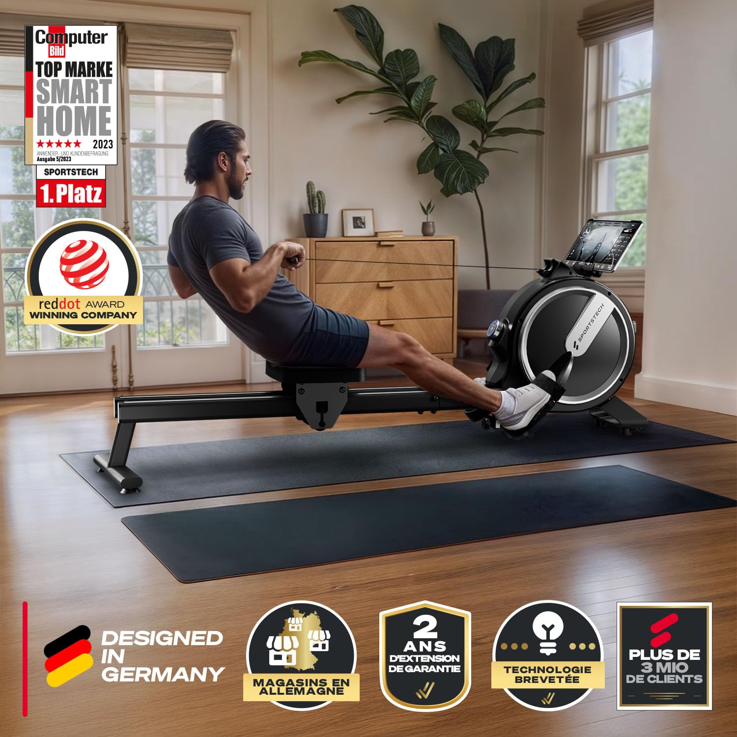 Sportstech PROwer Rameur d’Appartement – 32 Niveaux, Résistance Magnétique, Écran LED, Silencieux, Rail Double, Bluetooth, Support Tablette, Rangement Vertical, Entraînement Complet